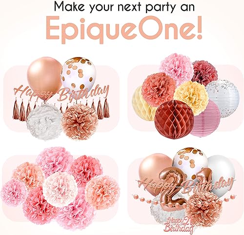 Miniatura 8 de EpiqueOne Kit de decoración de fiesta de 36 piezas, oro rosa, incluye 12 globos, 8 pompones, 15 borlas y 1 guirnalda, fácil de montar, ideal para