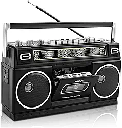 WISCENT Boombox vintage clássico dos anos 80, leitor de cassete com Bluetooth, rádio AM/FM/SW, alto-falantes estéreo de 24 W, compartimentos para cartão USB/SD, conector de fone de ouvido, preto