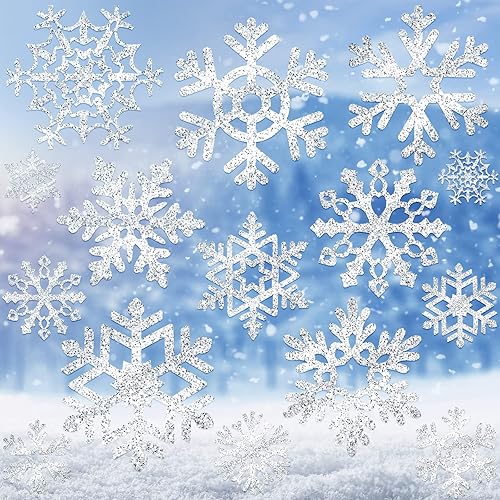 90 piezas de adornos de copos de nieve, boletín de invierno de Navidad, adornos de papel de copo de nieve con purpurina plateada con calcomanías de