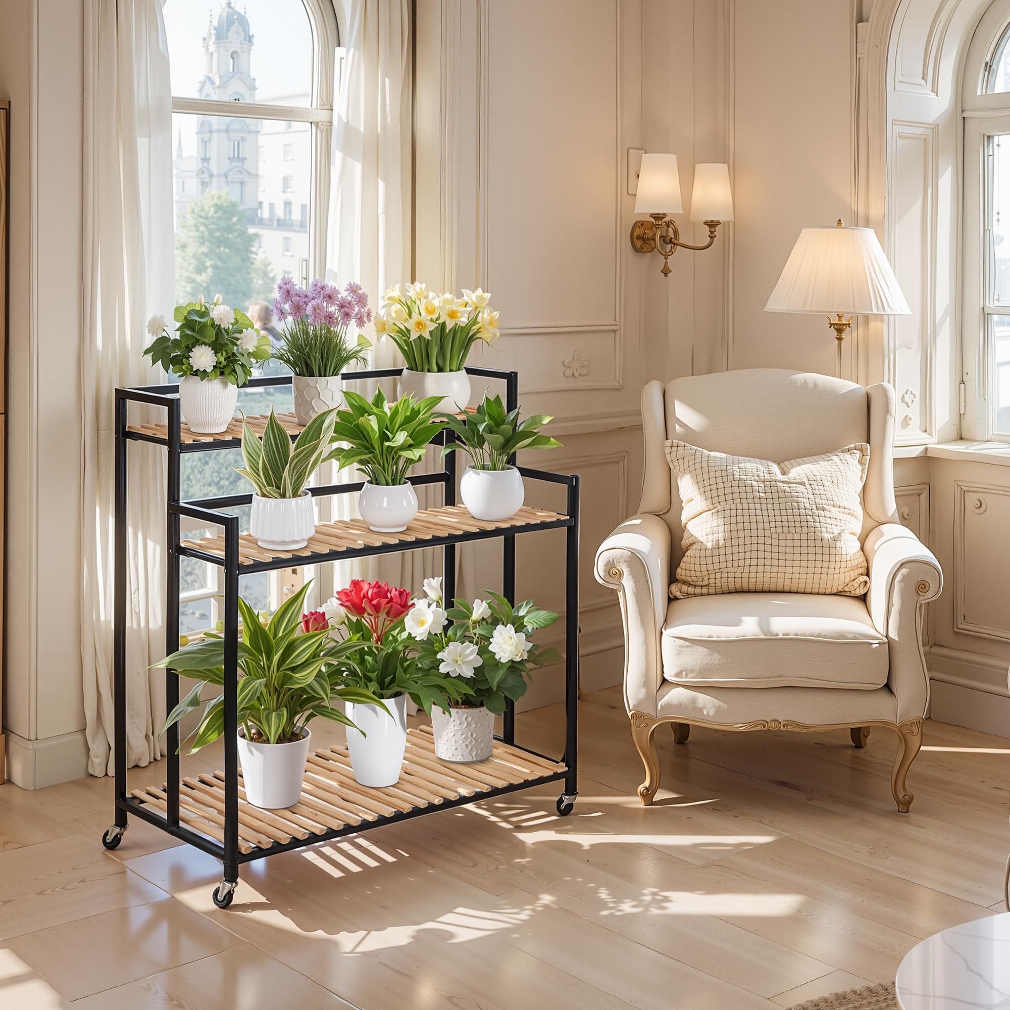 SEAdeerCH 3-stufiges Pflanzenregal mit Rollen – platzsparendes Etagen-Design für Innen & Außen. Perfekt für Balkon, Terrasse oder Garten. Praktisch,Stabiles und flexibel