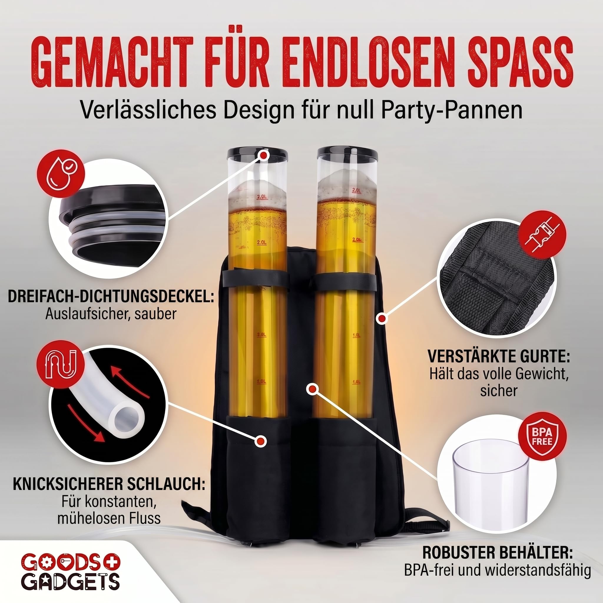 GOODS+GADGETS Der Kulthit - Duo Bierrucksack Doppel Bier Rucksack Biergiraffe Getränkerucksack 2 x 3 Liter Kapazität