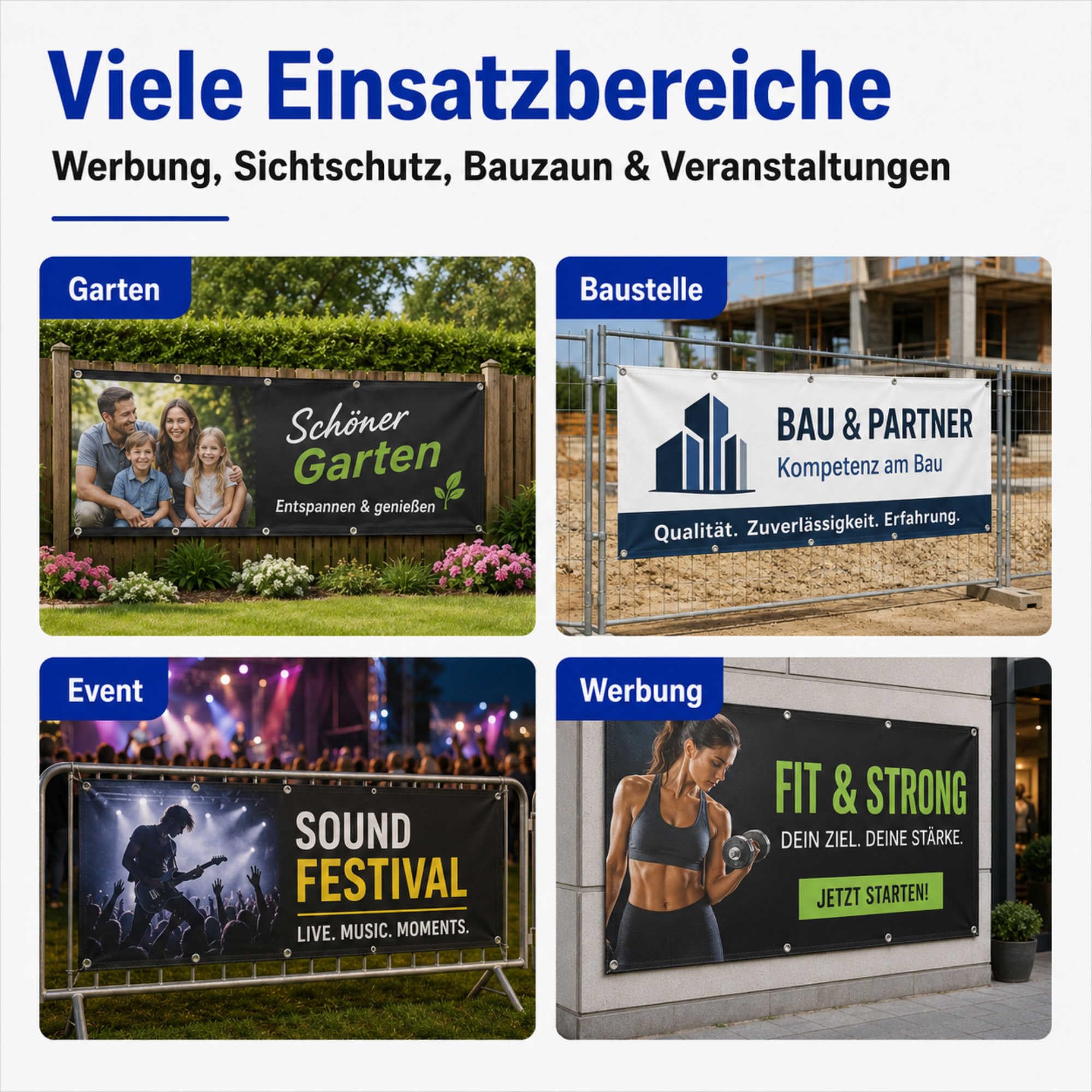 Indigos UG - Banner selbst gestalten - Plane Wasserdicht Gerüstplane - 200x66 cm - mit Wunschtext & Foto - für Baustelle, Garten, Zaun, Konzert, Gerüst - Saum - Ösen - bedruckt