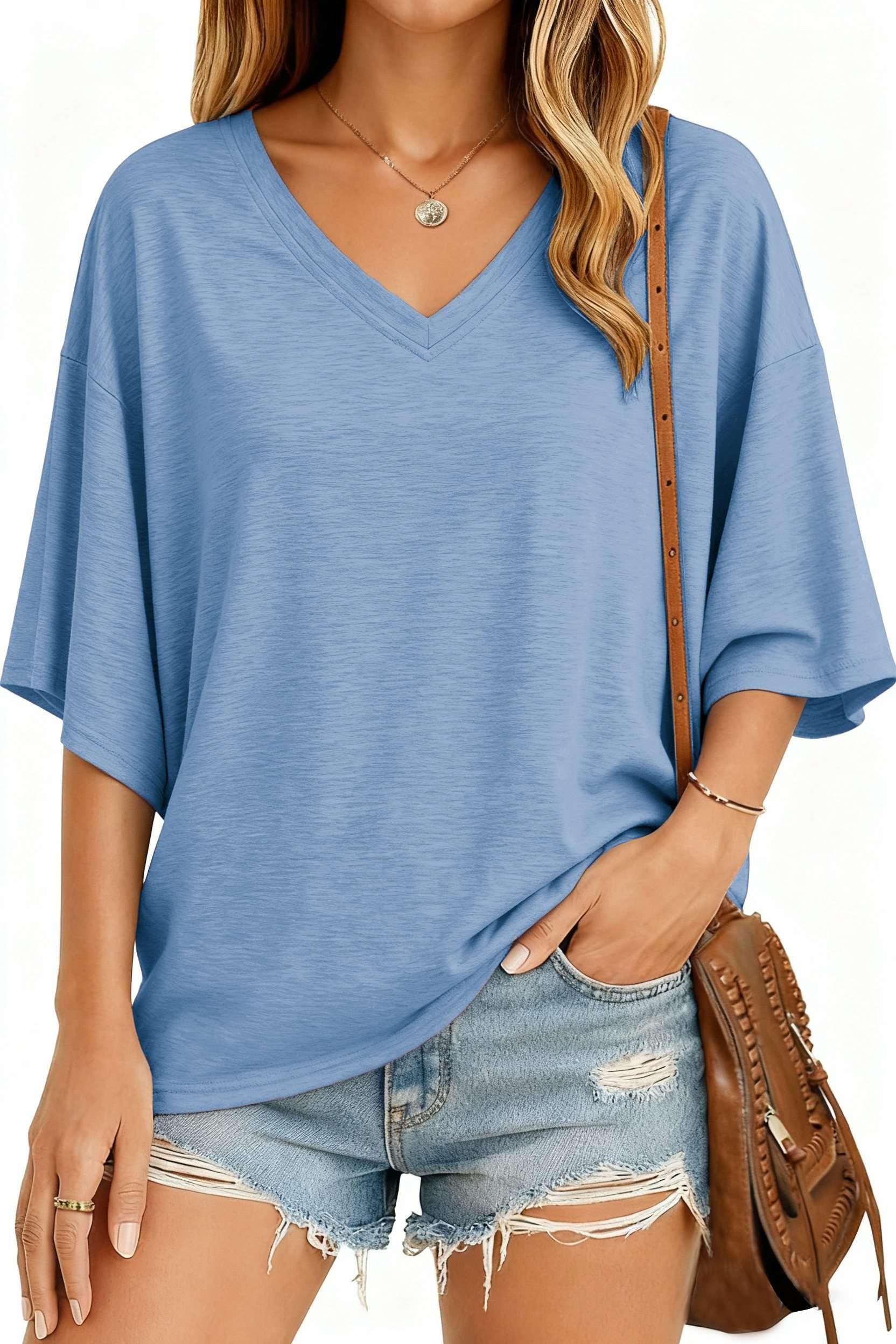 NAIOSS Damen T-Shirt Oversize Kurzarm Oberteil V-Ausschnitt Tunika Sommer Tops