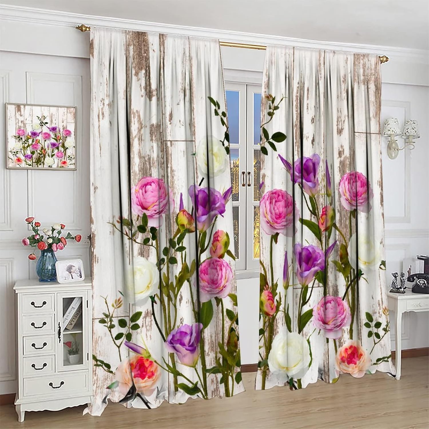 Rustic Farmhouse Pink Floral Kitchen Curtains Purple Flower Spring Plant Country Wooden Pattern Printed Curtains for Bedroom Living Room Café Window Drapes 2 Panels Set,Total Size 42" x 45"