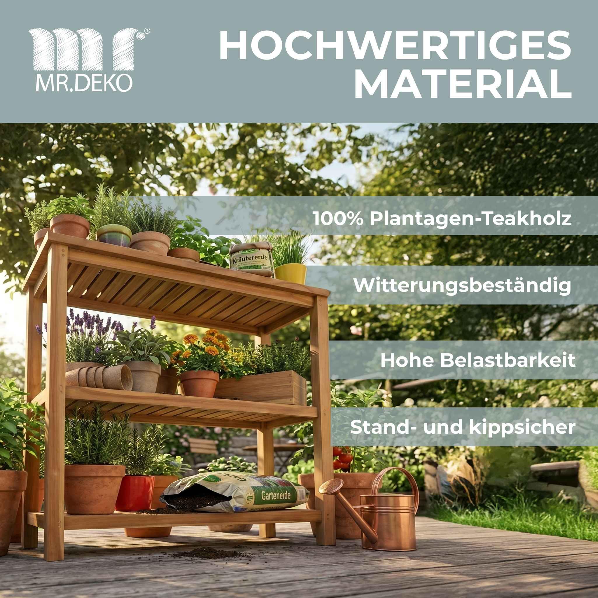 Mr. Deko Pflanztisch Filton Teak-Holz 100x110x40 cm | Massivholz Gartenregal | Garten-Regal Wetterfest | Holzregal Outdoor | Zertifiziertes Plantagen-Teak Unbehandelt Stabil 50 kg Belastbarkeit