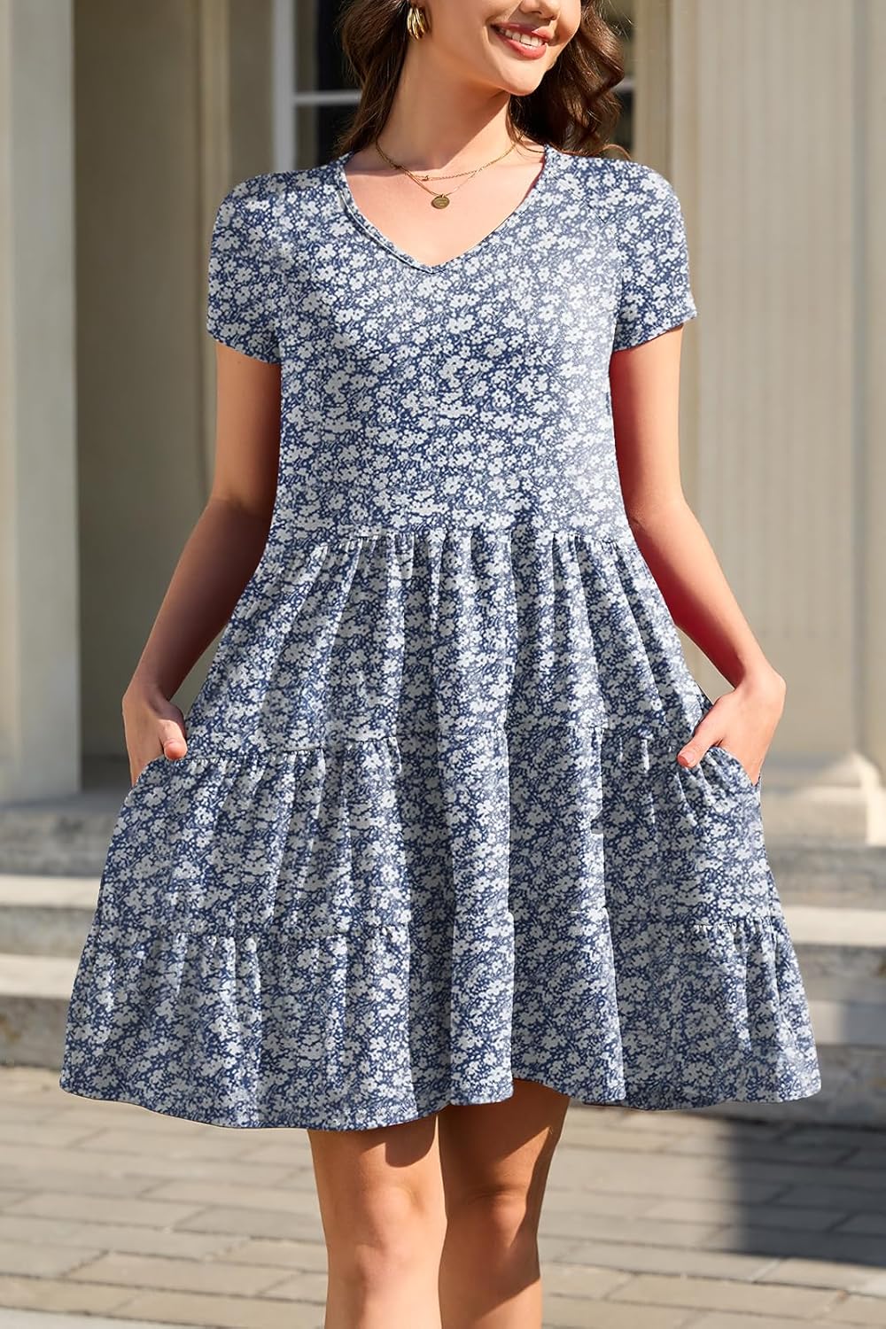 nclook Womens Summer Casual Dress Sweet Cute V Neck Mini Dress with Pocket Short Sleeve - Image 2