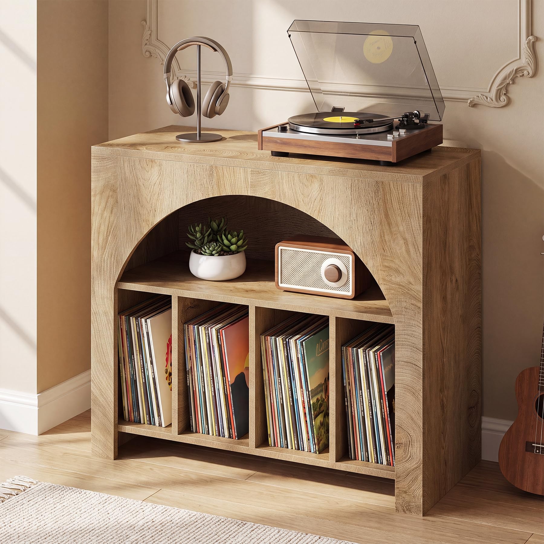 Tribesigns Supporto per Giradischi, 80 x 40 x 70 cm, Può Contenere Fino a 370 Dischi, Porta Dischi in Vinile in Stile Mid-Century con Gambe in Legno per Circa Vinili, CD, Album, Giradischi, Marrone
