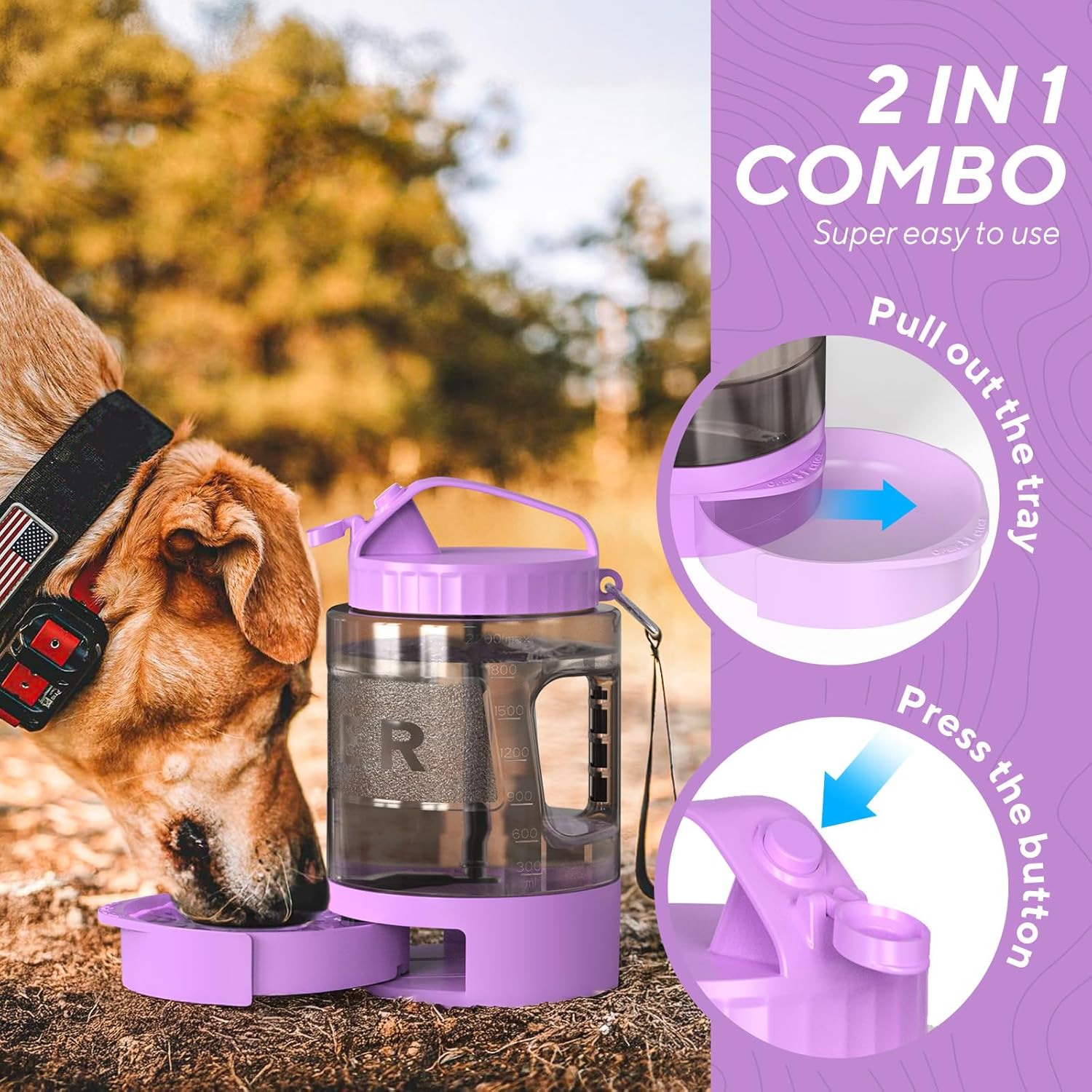 dog water bottle portable travel - 77oz large travel water bowl for dogs camping hiking beach traveling essentials,big pet bottles bowl water dispenser for on the go park car walking accessories 77oz purple