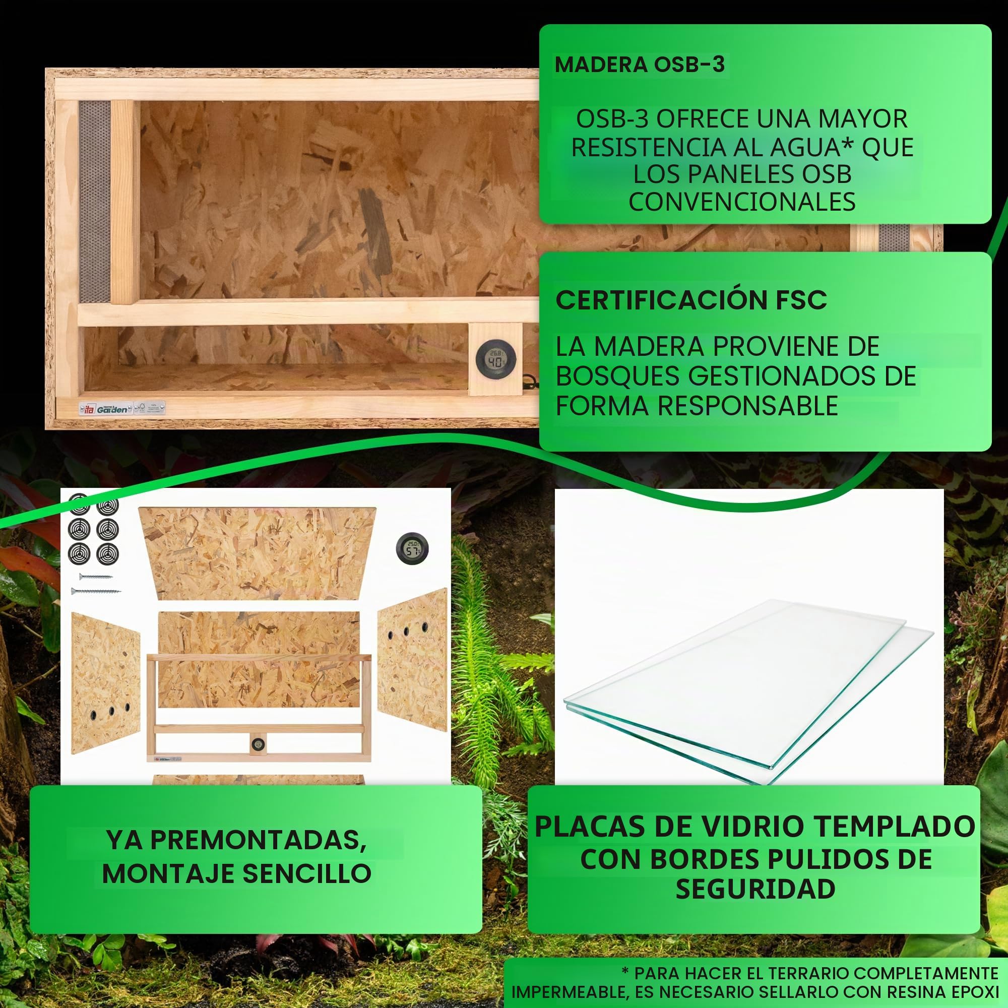 ITA Terrario de Madera 100x40x40 cm con ventilación Frontal e higrómetro Integrado - Terrarios de OSB-3 - para Reptiles, Serpientes, Anfibios - Producto UE, Certificado FSC