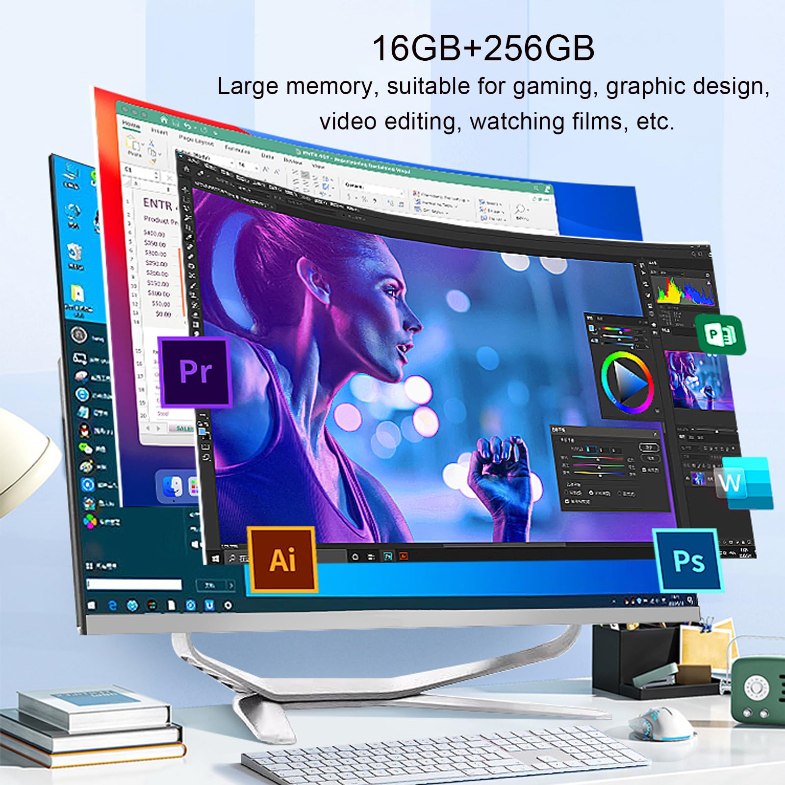 TPSPAD Computer all-in-one da 23,8 pollici FHD IPS Gaming Curvo 1800R, PC desktop Windows 11 Pro, processore i5 fino a 4,4 GHz, 16 GB di RAM, SSD 256 GB,Wi-Fi,tastiera QWERTY e mouse