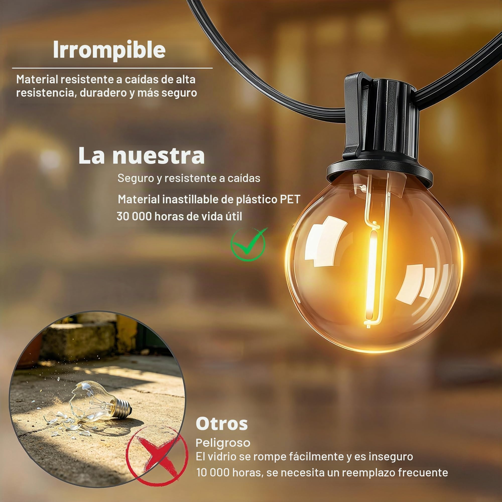Guirnaldas Luces Exterior Solar 30M, Impermeables Regulable | Luces Exteriores con 50+2 Bombillas Irrompibles, Carga solar o USB, 3 Modos, Ideal para Terrazas, Jardines, Balcones, Fiestas