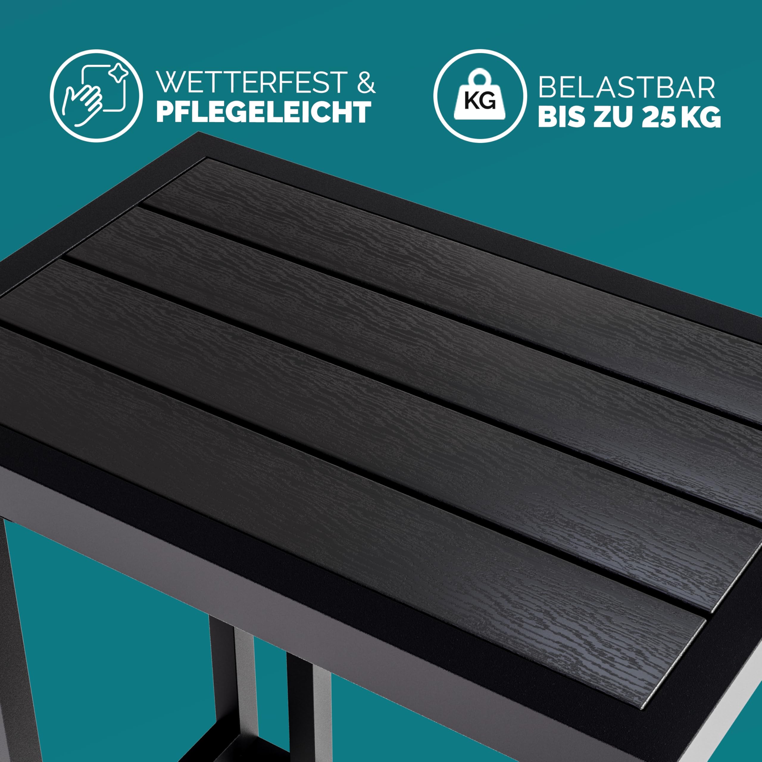 Casaria® Beistelltisch C-Form 50x40x66cm Metall WPC Tischplatte 25kg Belastbarkeit mit Rollen Wetterfest Outdoor Gartentisch Balkontisch Tisch Schwarz