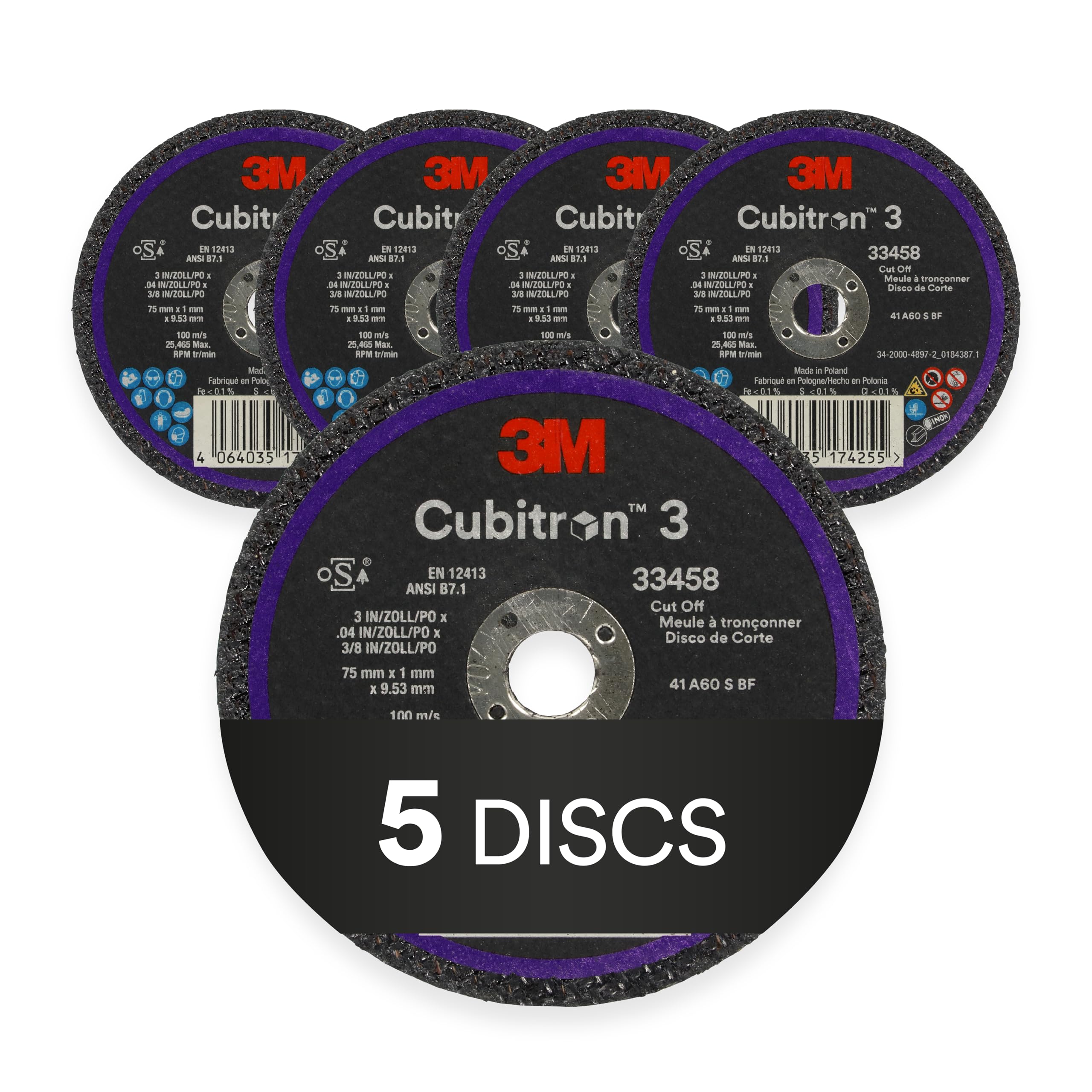 3M Cubitron 3 Cut-Off Wheel 33458, 75 mm x 1 mm x 9.53 mm (3 in x 0.04 in x 3/8 in), Long Lasting Performance, High Cut Rate, for Automotive Cutting