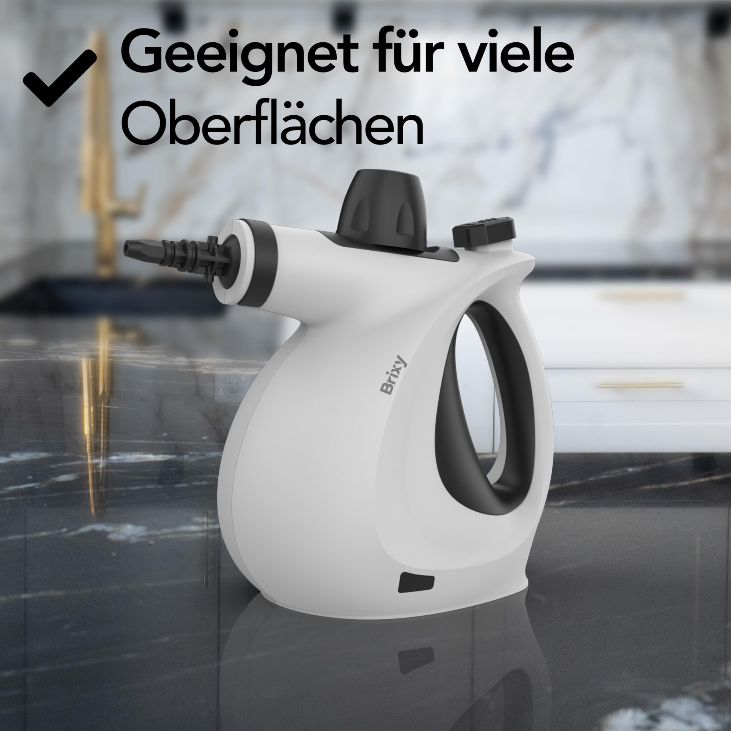 Brixy Leistungsstarker Handdampfreiniger 1050W für vielseitige Tiefenreinigung, inkl. 9-teiligem Zubehör, Weiß/Schwarz