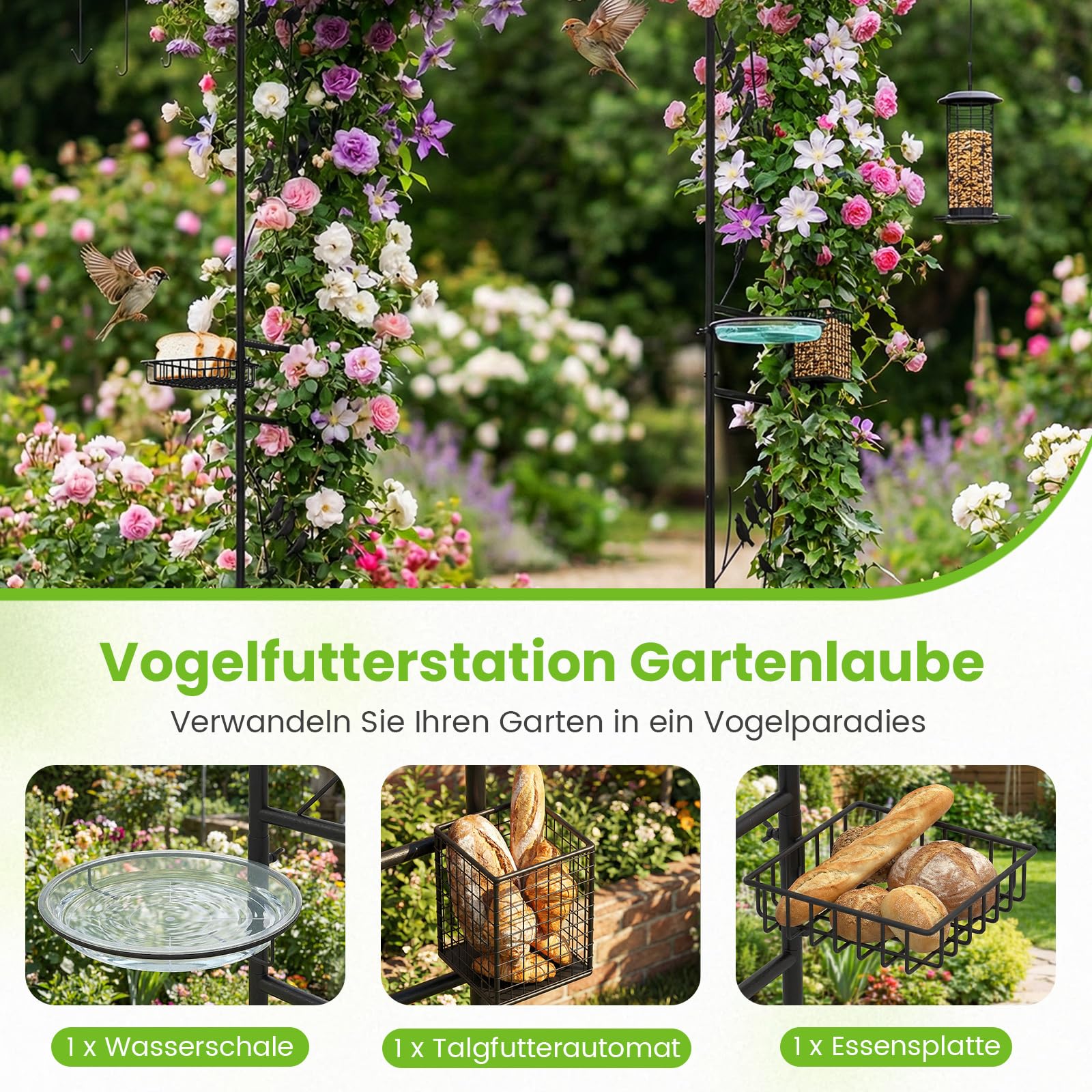 RELAX4LIFE Rosenbogen Metall, Gartenbogen mit Vogelfutterstation, Rosengitter für Kletterpflanzen & Wilder Vögel, Torbogen mit Wasserschale, Netzkorb, Haken, Garten Spalier, 212 x 40 x 213 cm, Schwarz