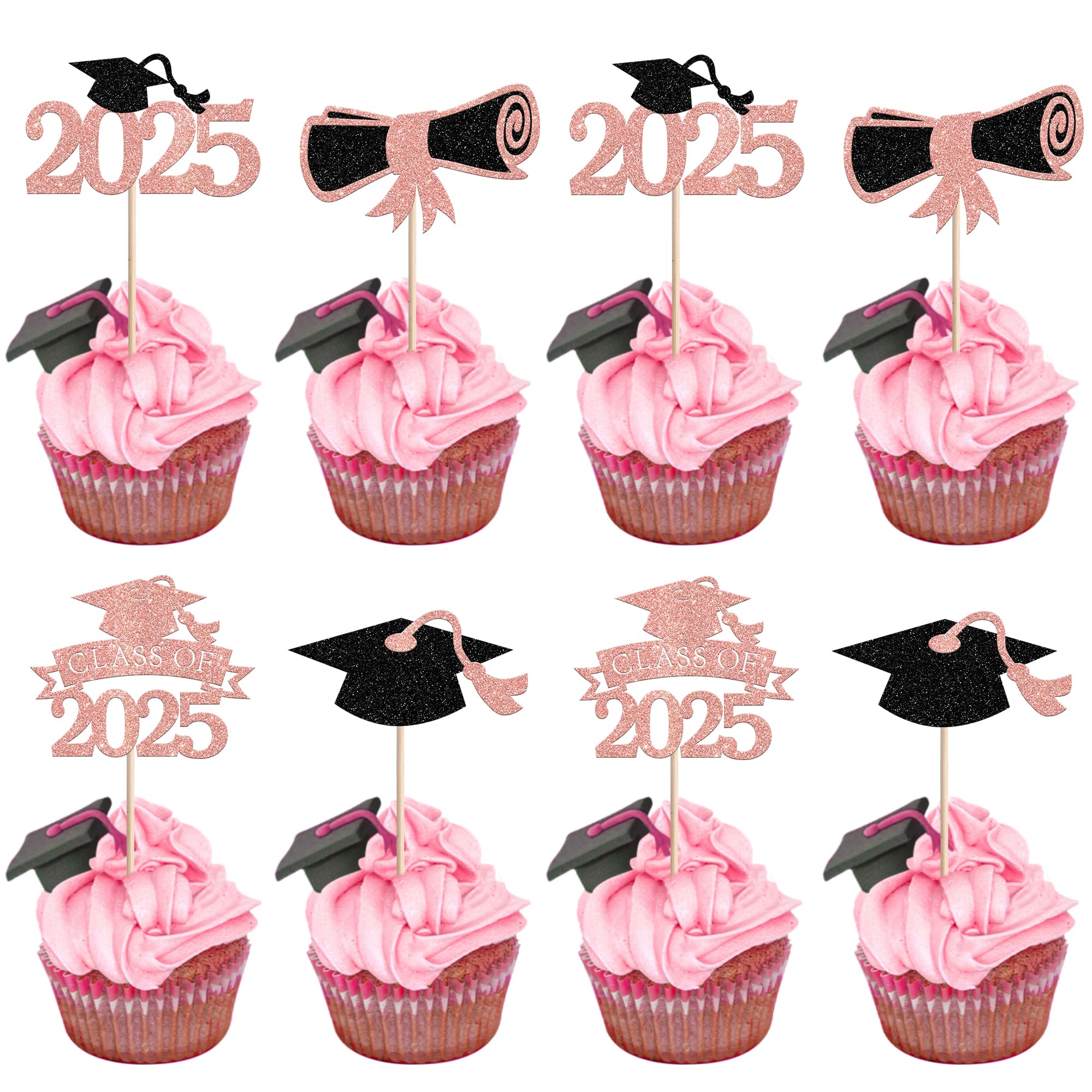 24 PCS 2025 Graduation Theme Cupcake Toppers Glitter Diploma Congrats Grad Cap Class of 2025 Cupcake Picks for 2025 Senior High School Graduation