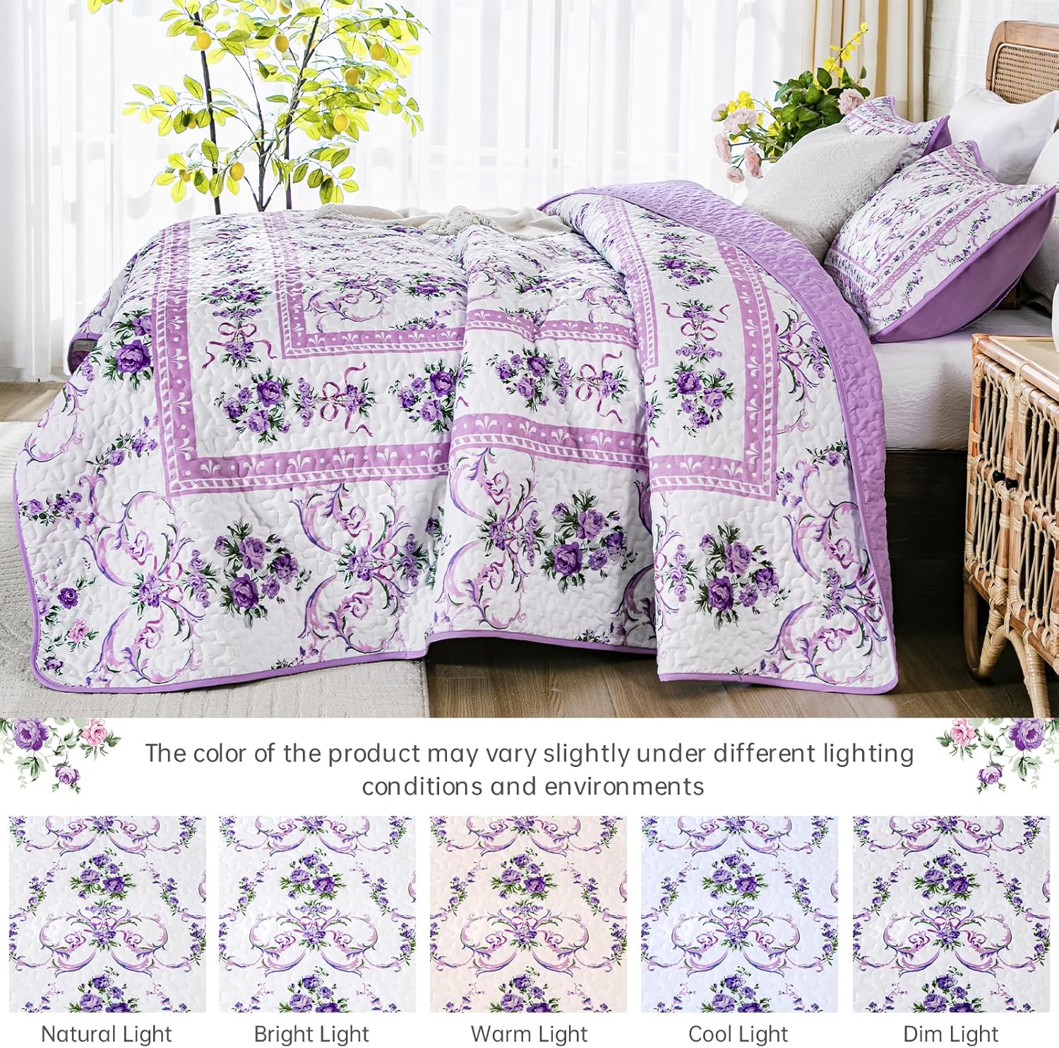Purple Quilt Set King Size, 3 Pieces Floral Pattern Quilts Bedspread with 2 Pillowcases, Soft Microfiber Lightweight Retro Bed Cover for All Season(King, 104"x90")