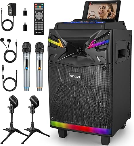 GTSK10‑1 Karaoke Machine with 2 Wireless Microphones for Adults – 10″ DSP Big Bluetooth Party Speaker with 600W Peak Power, Live Streaming & Voice Monitoring, LED Lights, Rolling Wheels & Trolley