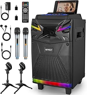 GTSK10‑1 Karaoke Machine with 2 Wireless Microphones for Adults – 10″ DSP Big Bluetooth Party Speaker with 600W Peak Power, Live Streaming & Voice Monitoring, LED Lights, Rolling Wheels & Trolley