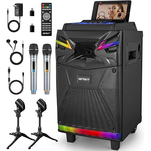 GTSK10‑1 Karaoke Machine with 2 Wireless Microphones for Adults – 10″ DSP Big Bluetooth Party Speaker with 600W Peak Power, Live Streaming & Voice Monitoring, LED Lights, Rolling Wheels & Trolley