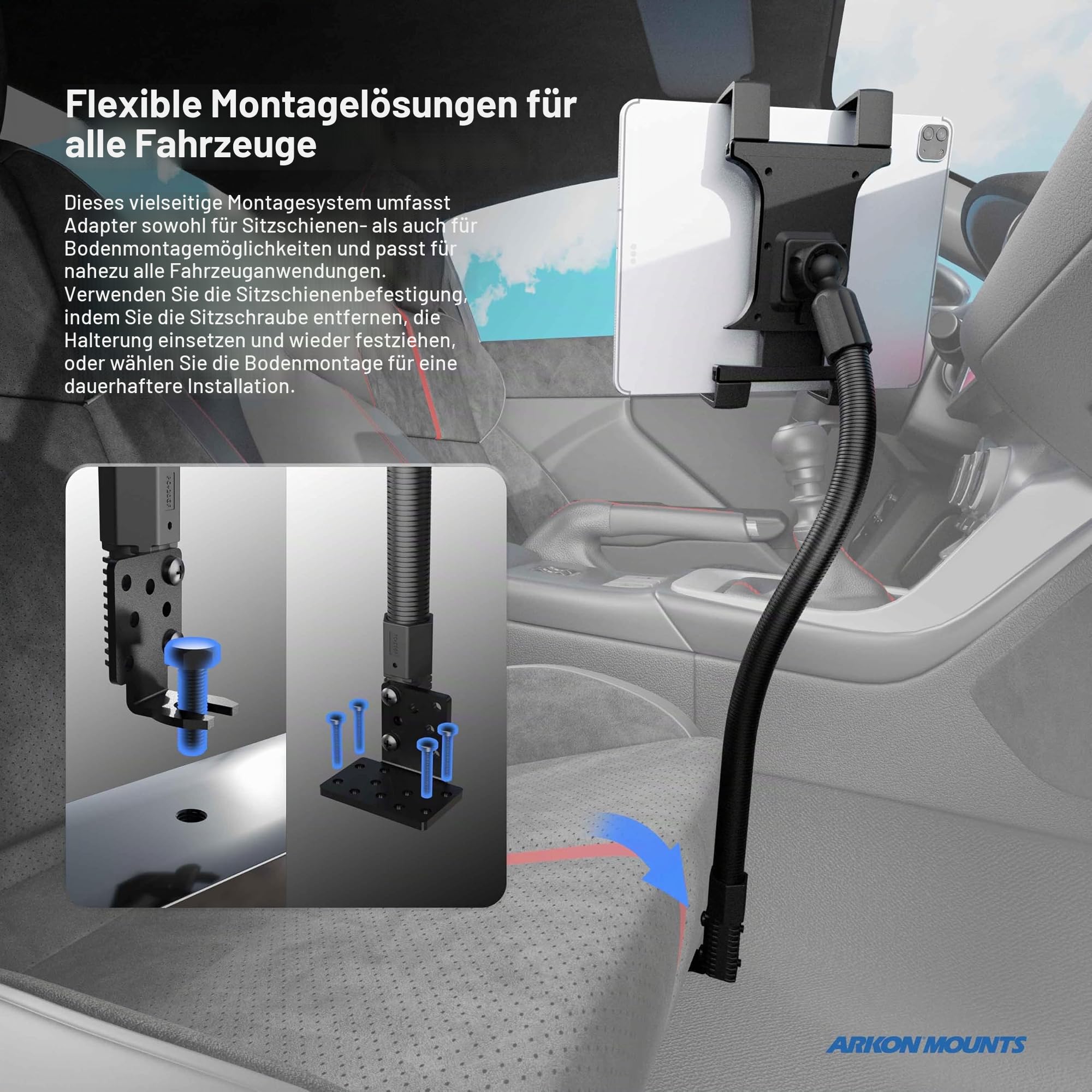 ARKON – Halterung für Autositzschiene oder Boden-Tablethalterung mit 56 cm langem Arm für iPad Pro, iPad Air 2, iPad Retail, Schwarz