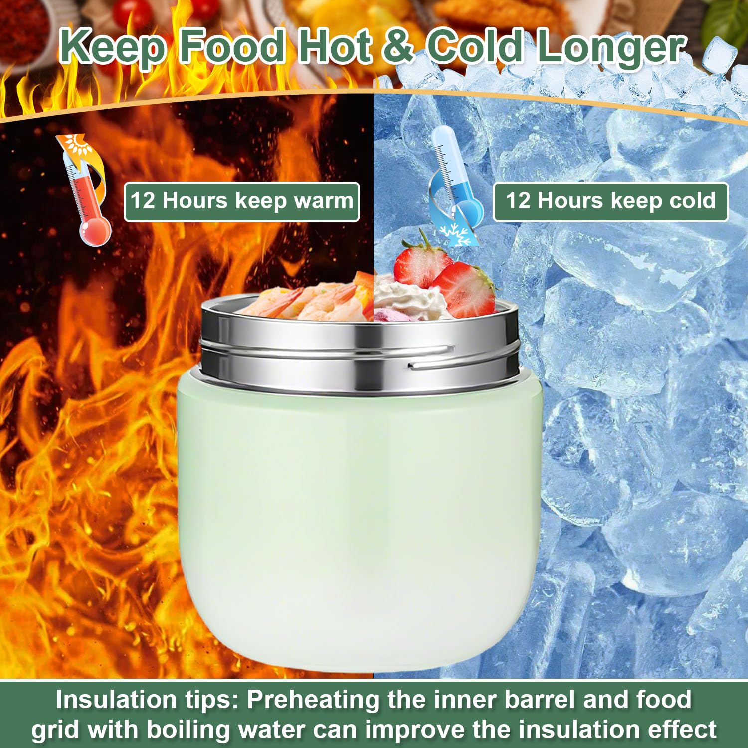 Portapranzo Termico per Alimenti 1200ml Contenitore Termico per Alimenti Caldi con Cucchiaio Pieghevole per Conservare Porridge,Zuppa,Frutta,Yogurt e Pranzi (Verde)