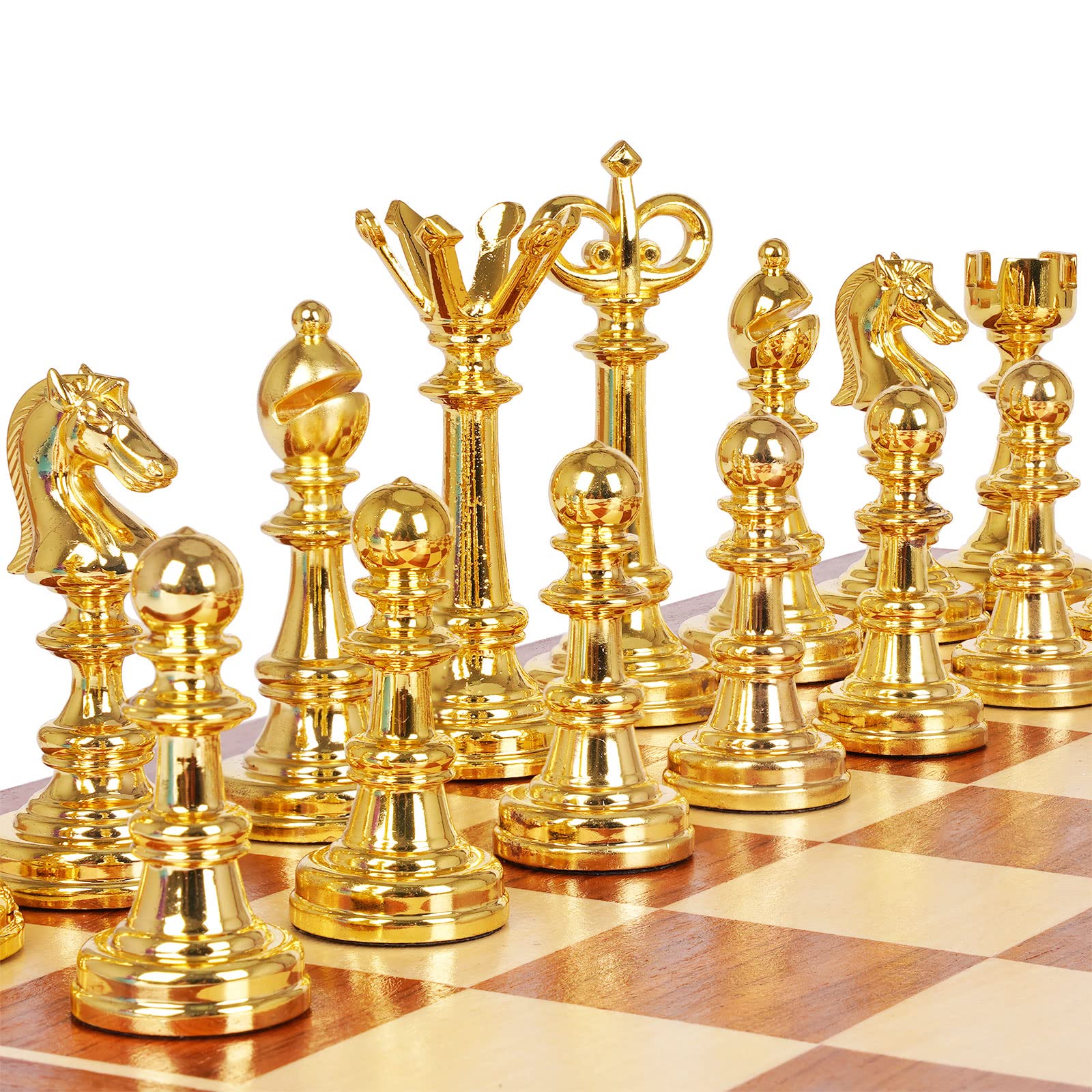 Photo 1 of 15" Metal Chess Set for Adults Kids Checkers Game Gold Silver Metal Chess Pieces & 24 Metal Cherkers Pieces Portable Folding Wooden Chess Board Travel Chess Sets Board (2 in 1)