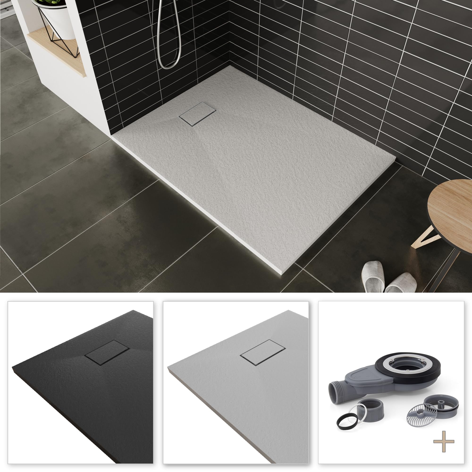 Plato de ducha SMC Boreal 140x80 cm, Blanco RAL 9016 – Antiderrapante, Textura Pizarra, Antibacteriano, Resistente a agentes químicos – Incluye válvula y rejilla