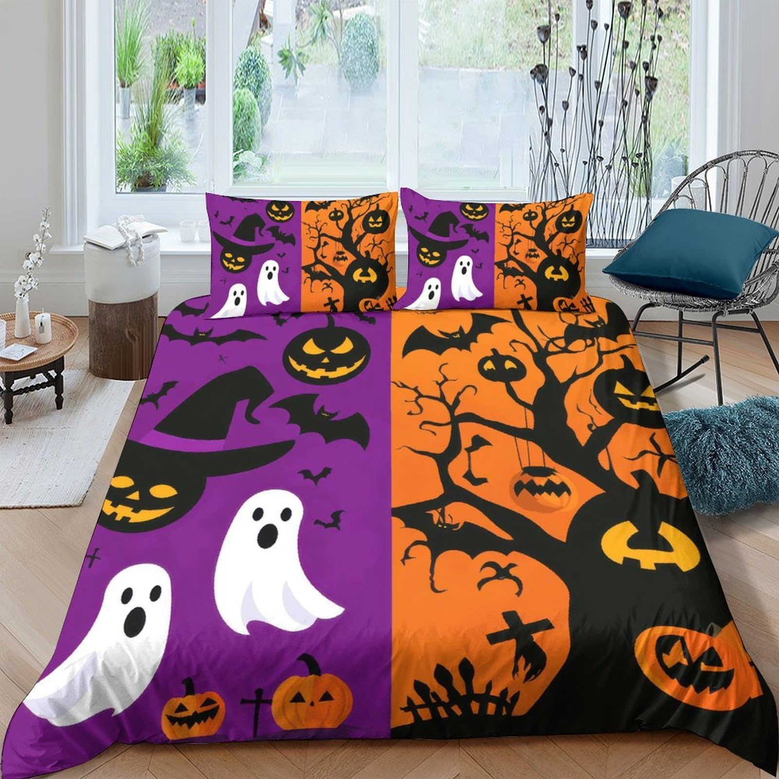 TUFRTGYHN 3D Printed Halloween Ghost Pumpkin Duvet Cover Microfiber Soft Orange Purple Quilt Cover Set with 2 Pillowcases for Bedroom Decor Single（135x200cm）