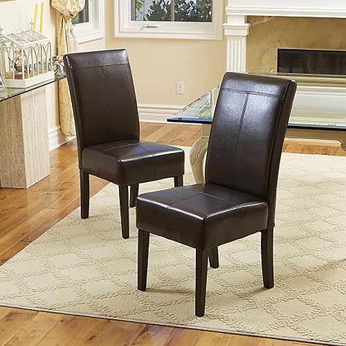 2-Piece Dining Chair Set, Wide Seat, Chocolate Brown Faux Leather, Solid Hardwood Frame