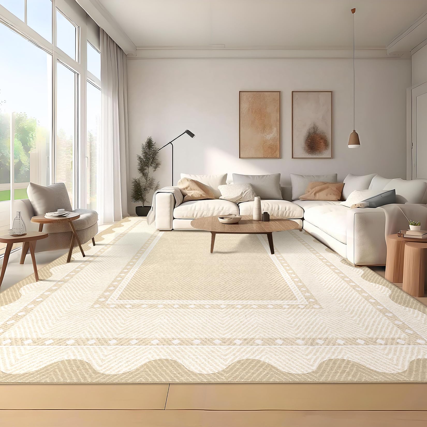 Garvee Washable Area Rugs 10x13 Modern Solid Neutral Border Pattern Large Farmhouse Rugs, Low Pile Non Slip Stain-Resistant Soft Carpet, Perfect for