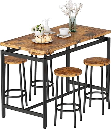 Hooseng Juego de mesa de comedor de 5 piezas, mesa de cocina industrial y sillas para 4, juego de mesa de bar de altura para 35.4 pulgadas, mesa de