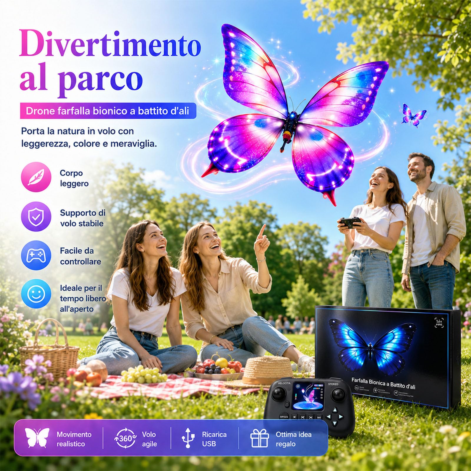 Drone Farfalla RC Bionico, Giocattolo Volante ad Ali Battenti con Luci LED e 3 Batterie, Controllo Assistito da Sensori per Principianti e Adulti