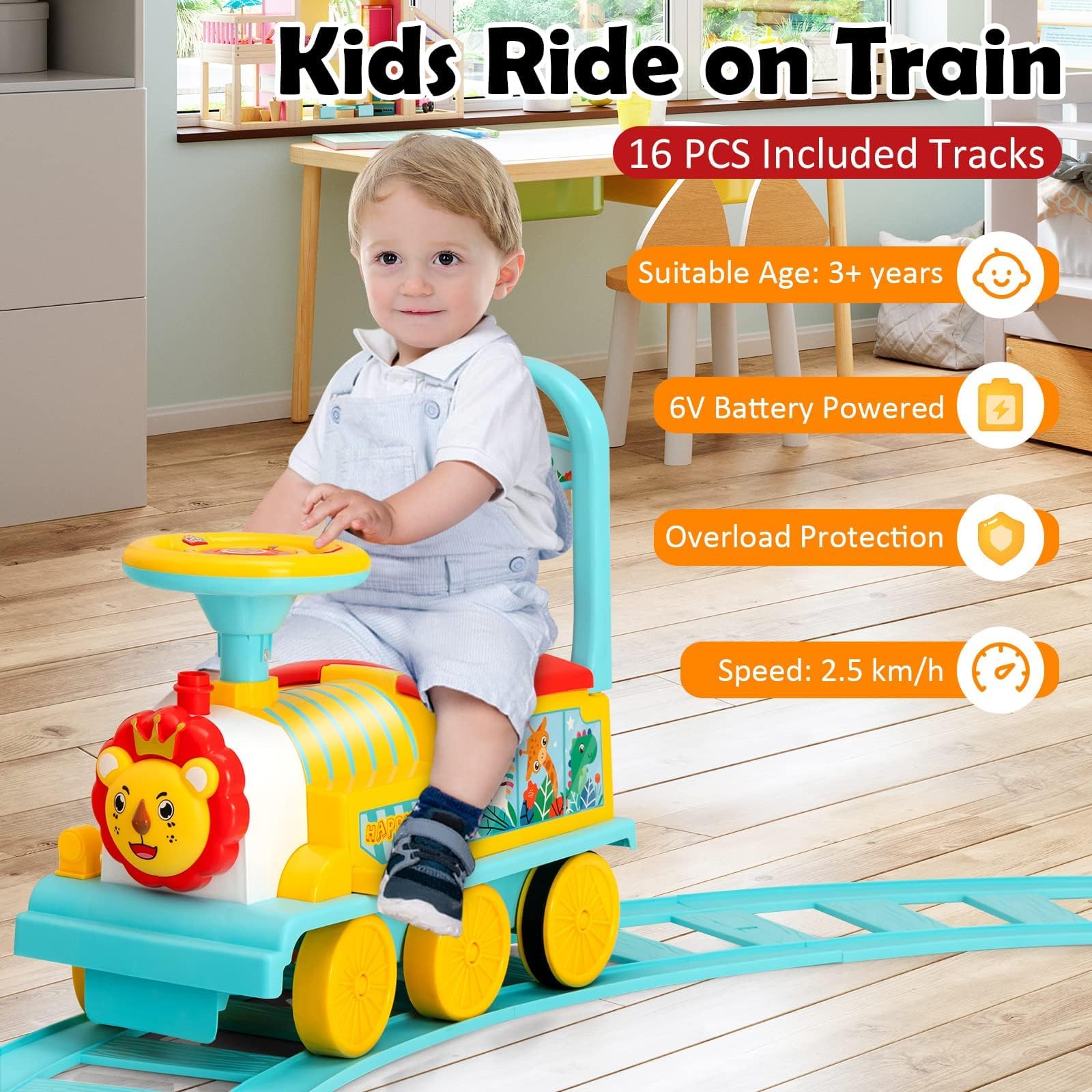 RELAX4LIFE 2 in 1 Macchina Elettrica per Bambini e Trenino Elettrico per Bambini con 16 Pezzi di Binari, Musica, Luci, Pedali Retrattili, 2 Anni+ (BLU 3)