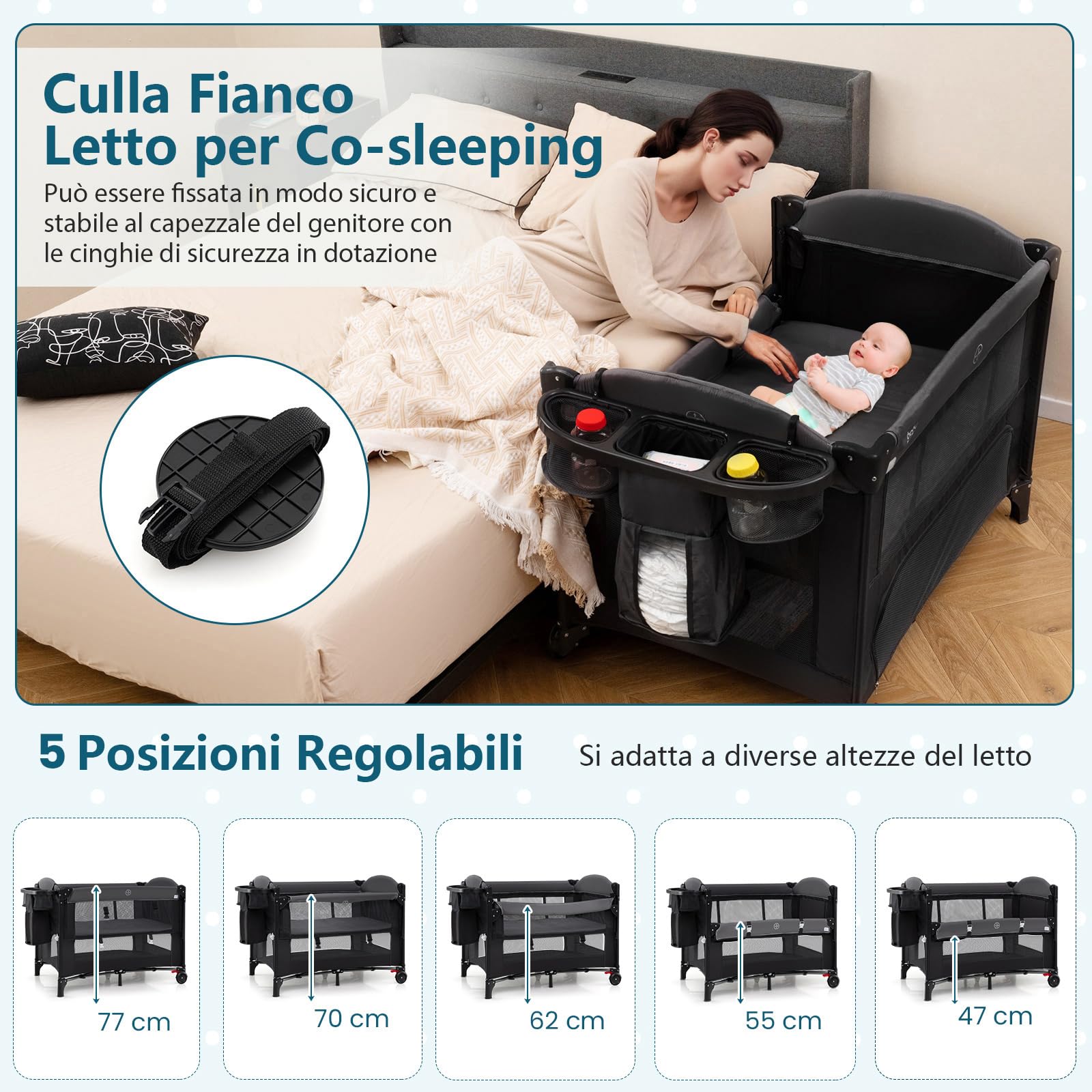 COSTWAY Lettino da Viaggio Pieghevole, Culla Portatile per Bambini, Lettino per Bambini con 4 Altezze Regolabili, Fasciatoio, Materasso, Box Bambini, per Bambini 0-3 Anni