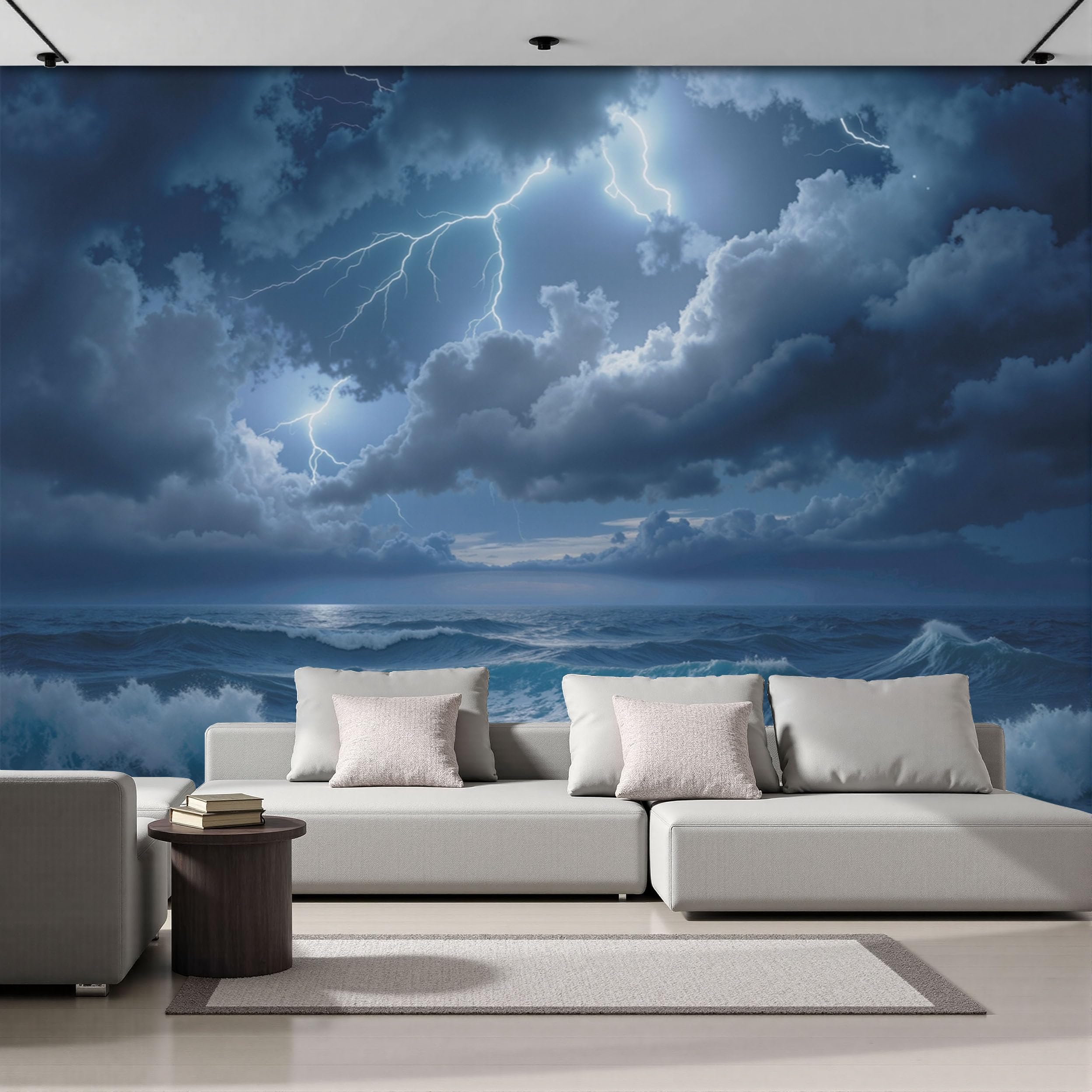 Papier peint panoramique orage pour masquer les imperfections de mur de salon avec style