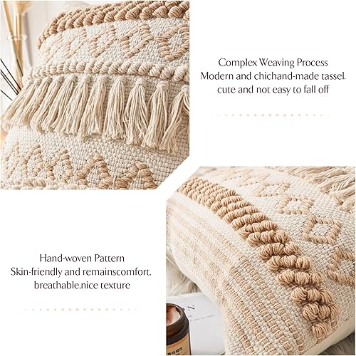 Miniatura 6 de Funda de almohada bohemia hecha a mano de 18 x 18 pulgadas, fundas de almohada decorativas de hilo de algodón bohemio color caqui crema con textura