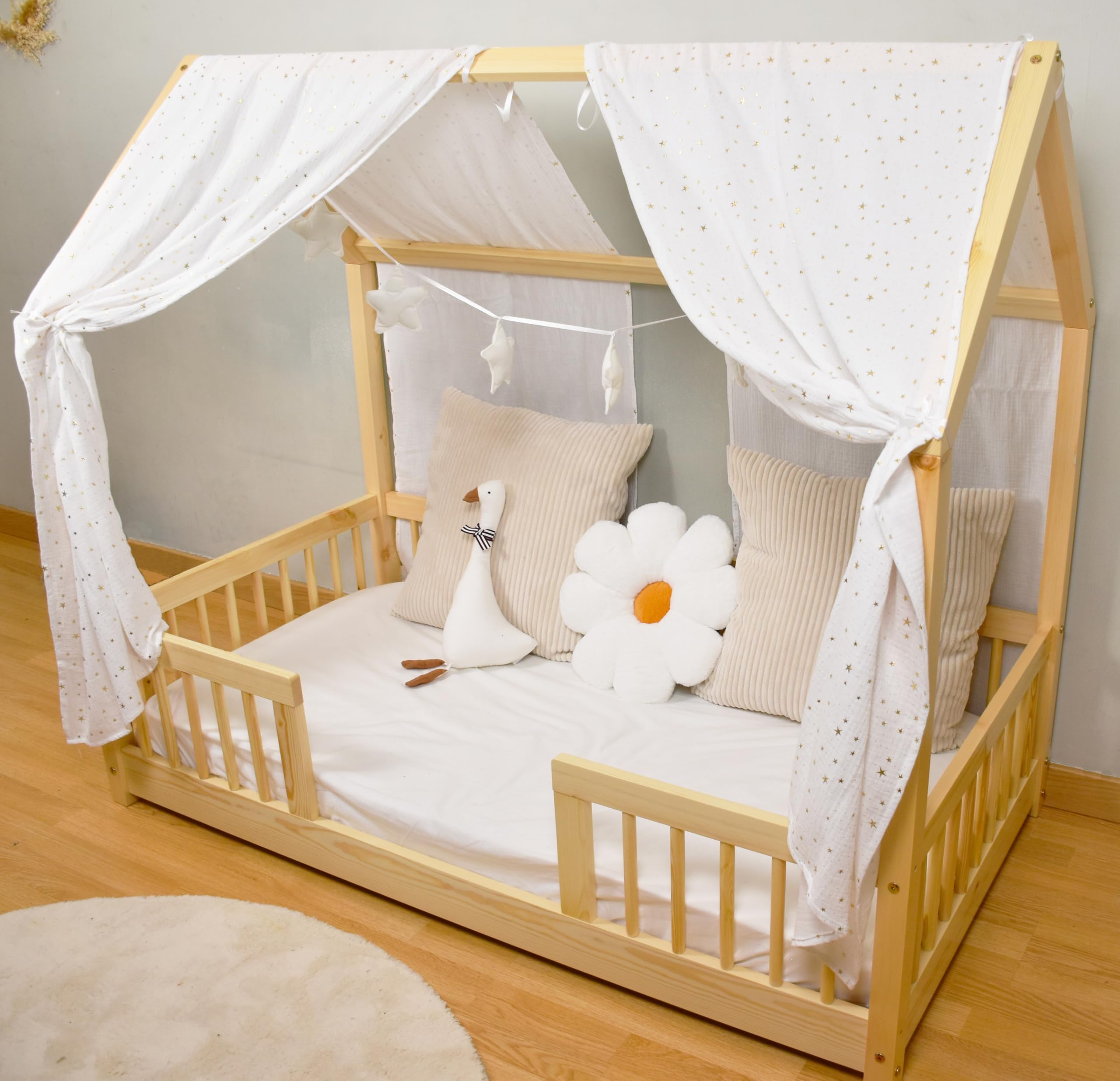 Tenda Letto Bambini Montessori Lovely Hippo - 100% Cotone, 97x402 Cm, Per Letti 80x160/90x190 Cm - Modello Blu Notte/Oro - Foto 10