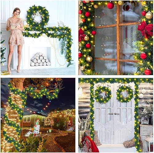 Miniatura 7 de Guirnalda de Navidad de 9 pies con 50 luces LED, funciona con pilas, impermeable, iluminada al aire libre, guirnalda de Navidad para escalera,