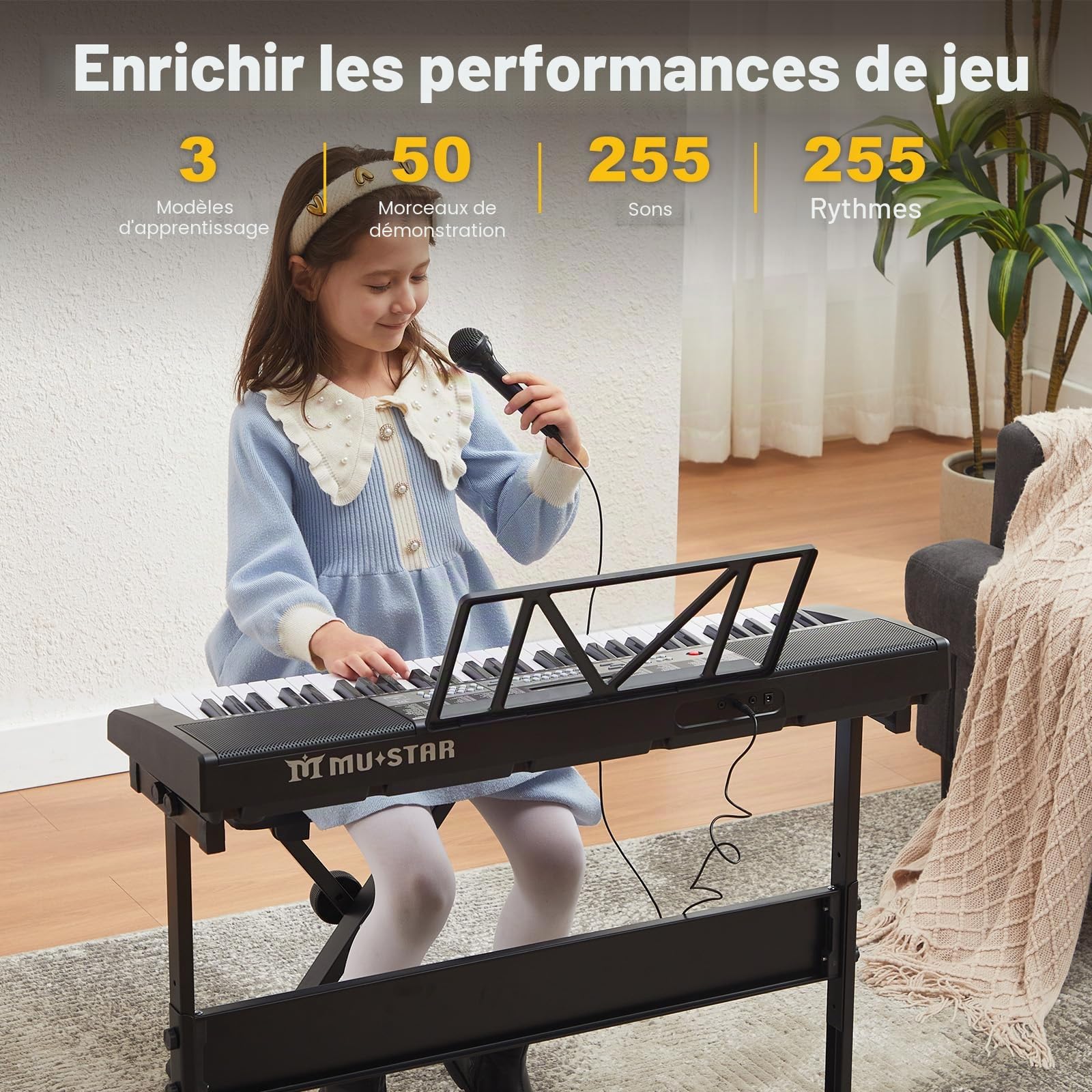 MUSTAR Piano à clavier lumineux 61 touches, clavier numérique pour débutants, piano électrique avec enseignement intelligent, support, tabouret, casque (Noir)