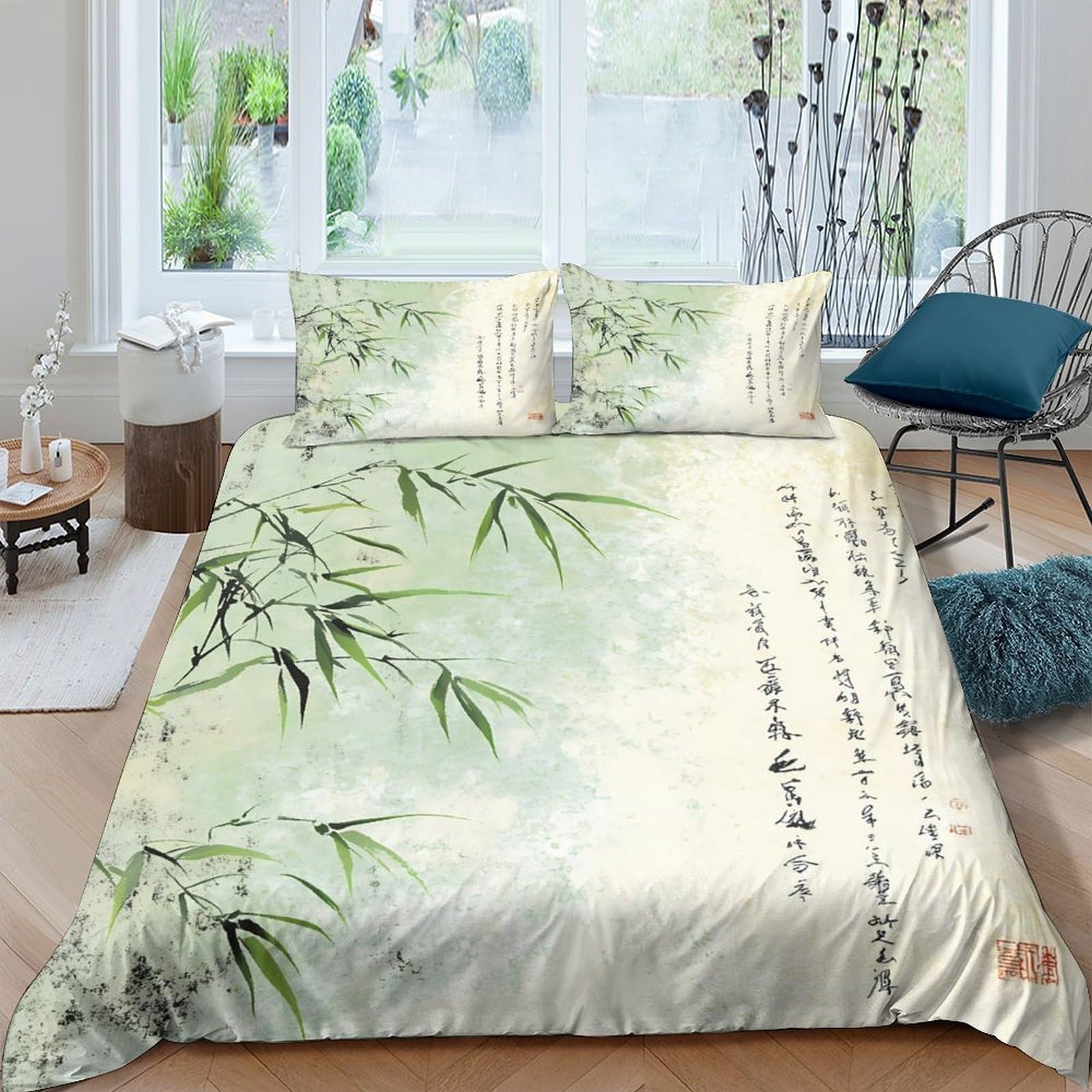 Ctjqhvkz Style-2 3D Printed Bamboo Poetry Fitted Sheet Microfiber Breathable Mattress Cover For Bedroom Guest Room Easy Care Decor Single（135X200cm）