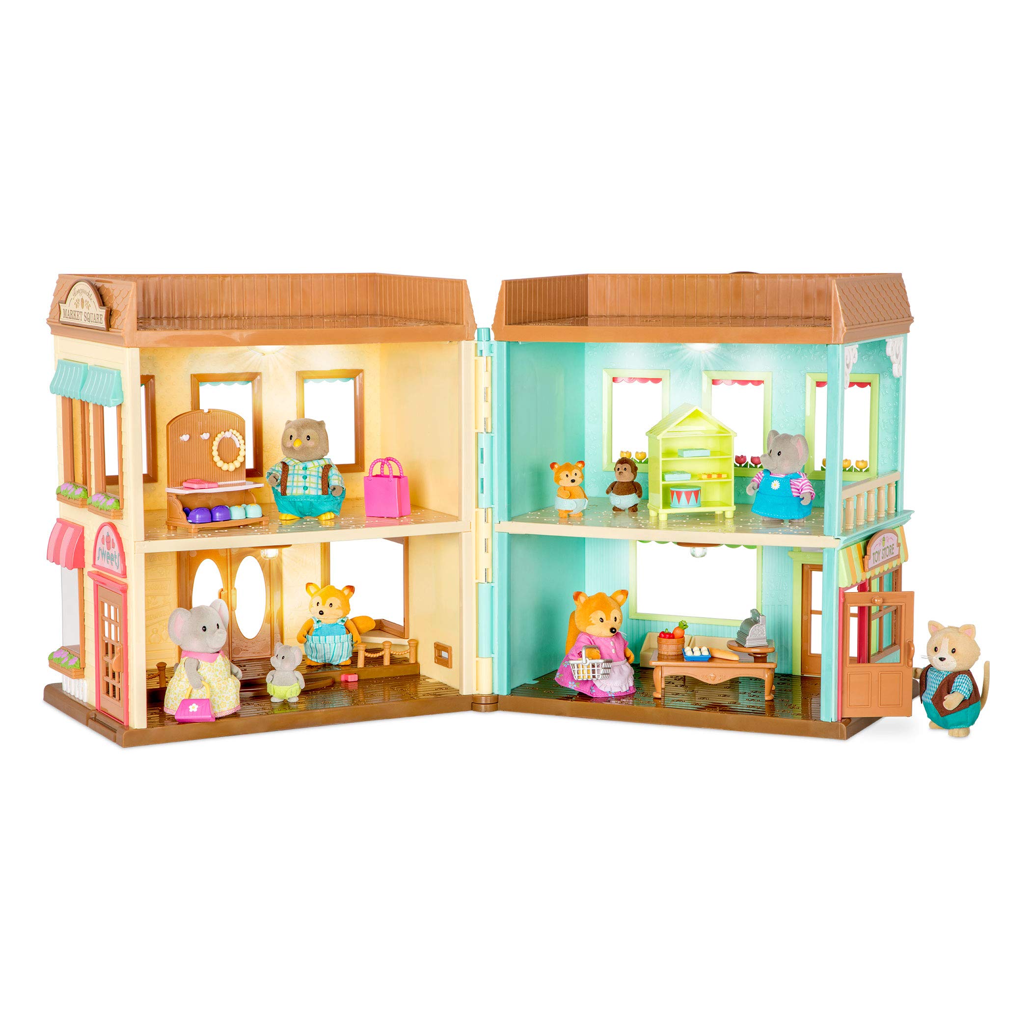 B. toys Li’l Woodzeez Piazza del mercato Honeysuckle con luci e accessori | Set da 24 con luci funzionanti, cassa, cestino e accessori per la spesa nella Piazza del mercato Honeysuckle, 3+ anni