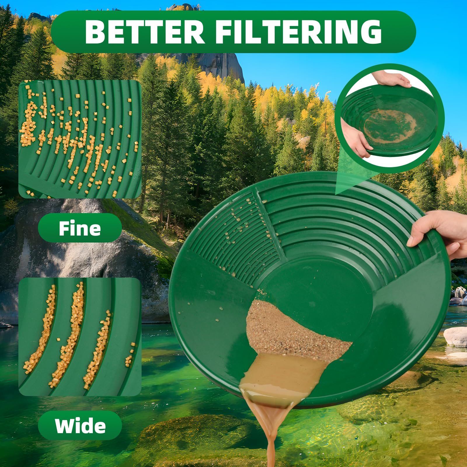Kit Orpaillage 38.5cm Batee Orpaillage Gold Pan Rampe avec Tamis Plastique pour Chercheur d'Or Vert