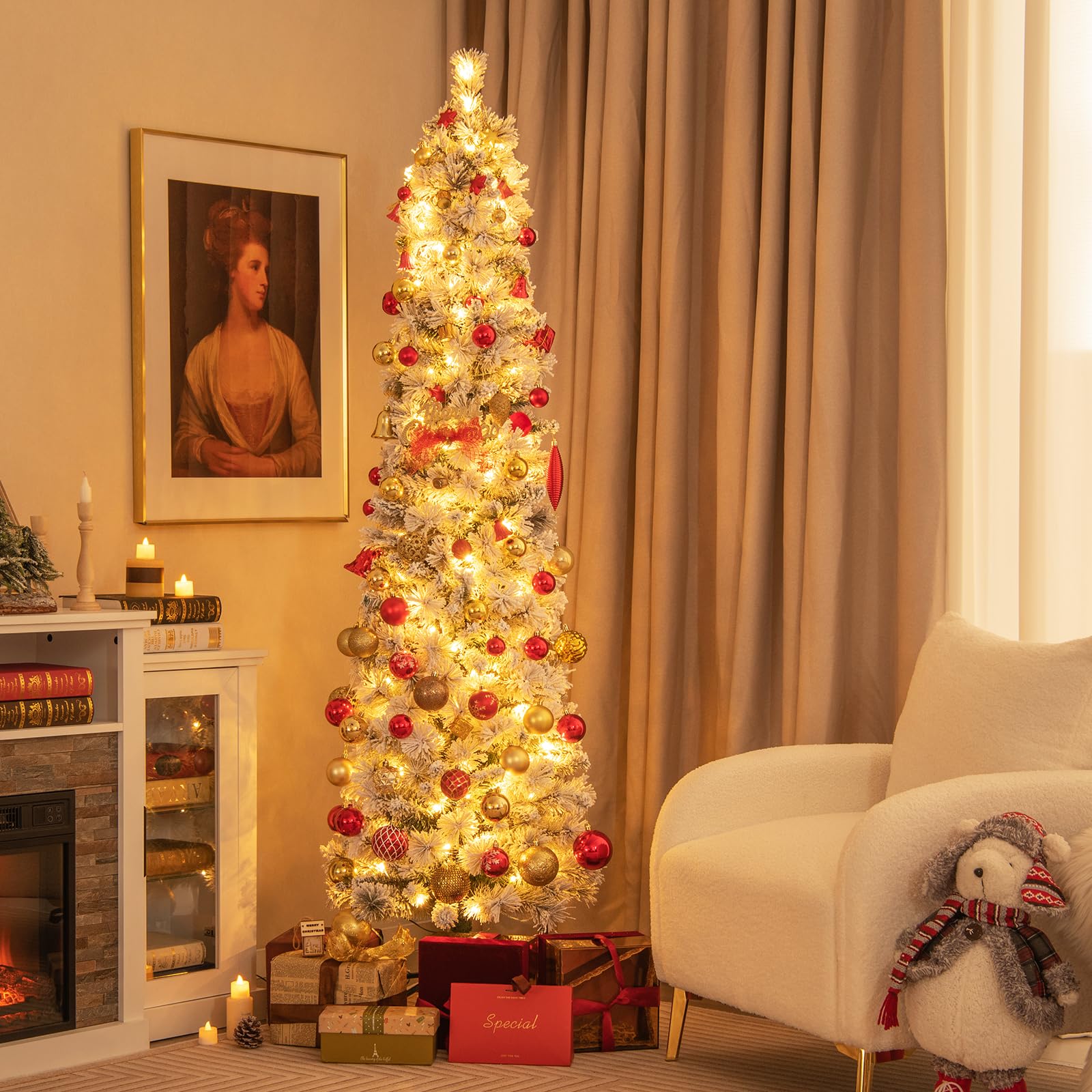 COSTWAY Sapin de Noël Artificiel 180 cm Lumineux LED, en Forme de Crayon, Floqué de Neige, 150 Lumières Blanches Chaudes, 373 Pointes de Branches, Aiguilles de Pin, pour Maison, Bureau