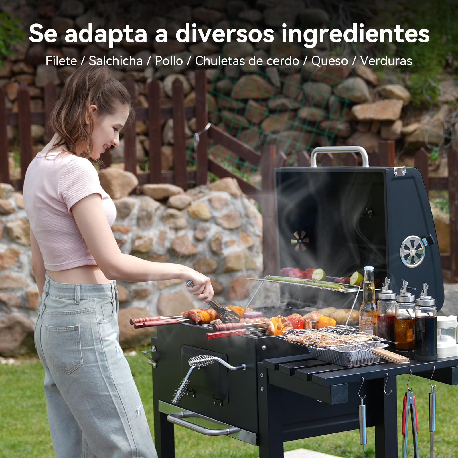 Barbacoa de Carbón, Parrilla con Tapa de Acero de 56×42,5 cm, Bandeja Ajustable en Altura, Mesa Lateral Plegable, Incluye Funda