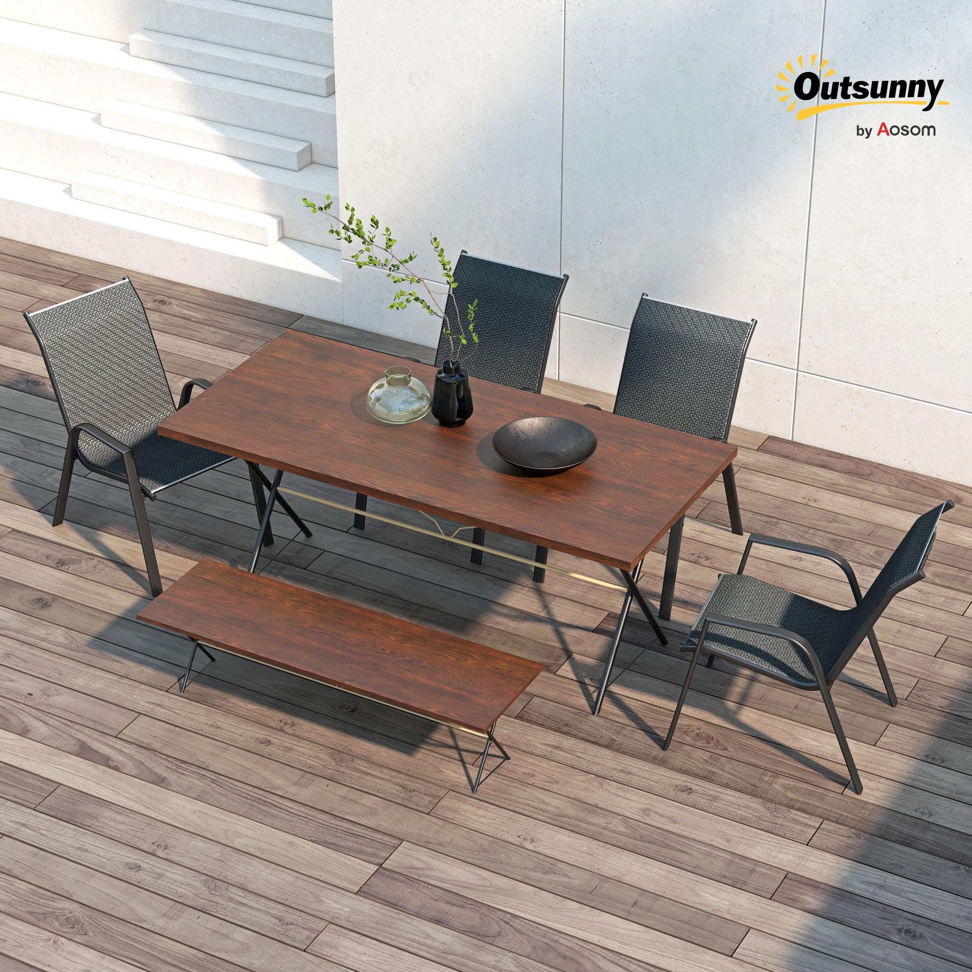 Outsunny Set 4 Sedie da Giardino Impilabili in Rattan PE e Acciaio Grigio | Sedie da Pranzo per Esterni con Braccioli