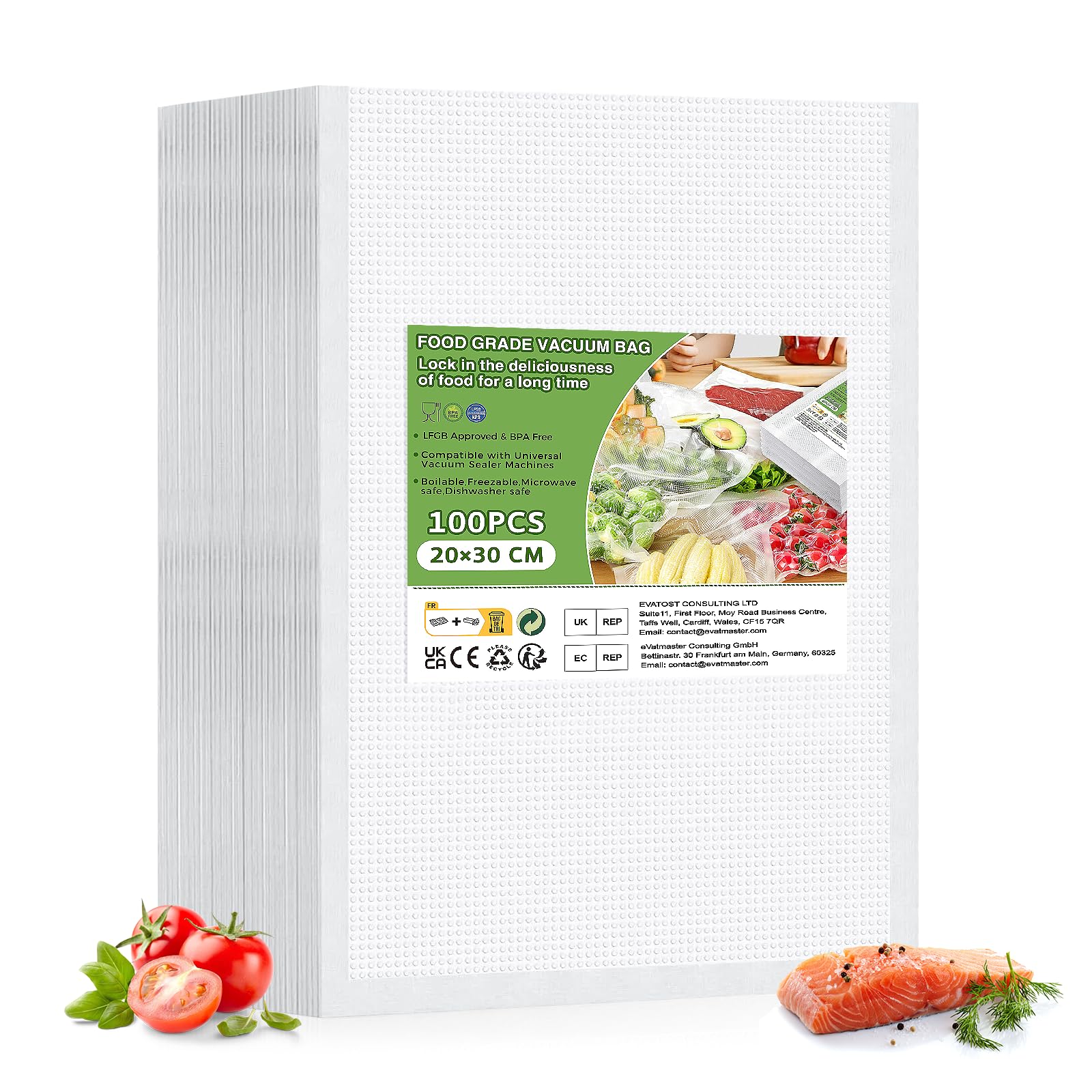 Oderra 100 Sacchetti Sottovuoto per Alimenti 20x30 cm - Bustine per Conservazione, Congelamento e Cottura Sous Vide - Compatibili con Tutte le Macchine Sottovuoto