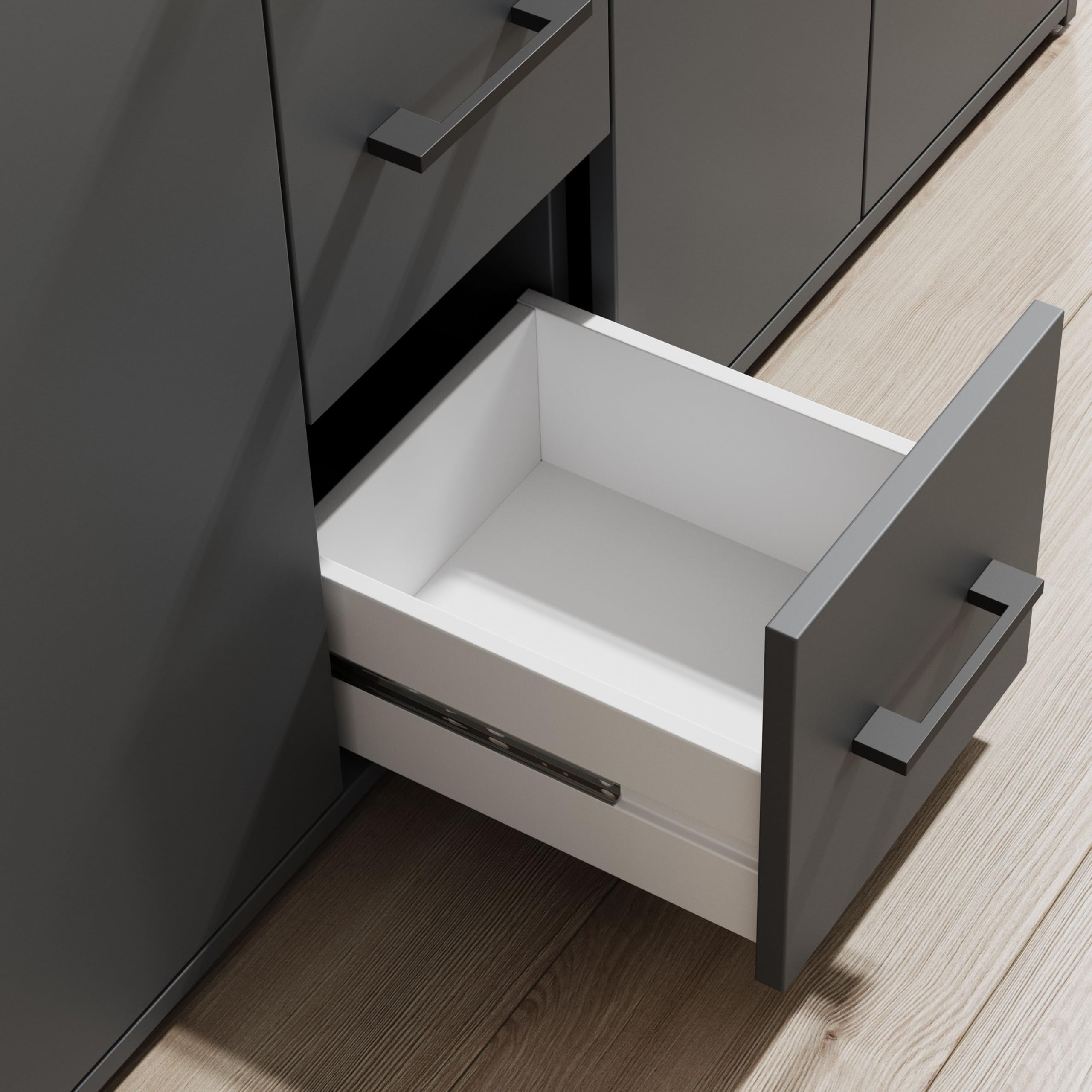 Drift Highboard mit Ablage in Anthrazit - Moderner Wohnzimmerschrank mit Schubladen und viel Stauraum für Ihren Wohnbereich - 139 x 90 x 34 cm (B/H/T) | Wohnzimmerschrank mit 4 Türen, 3 Schubladen, offenem Fach, melaminbeschichtete Oberfläche und viel Sta