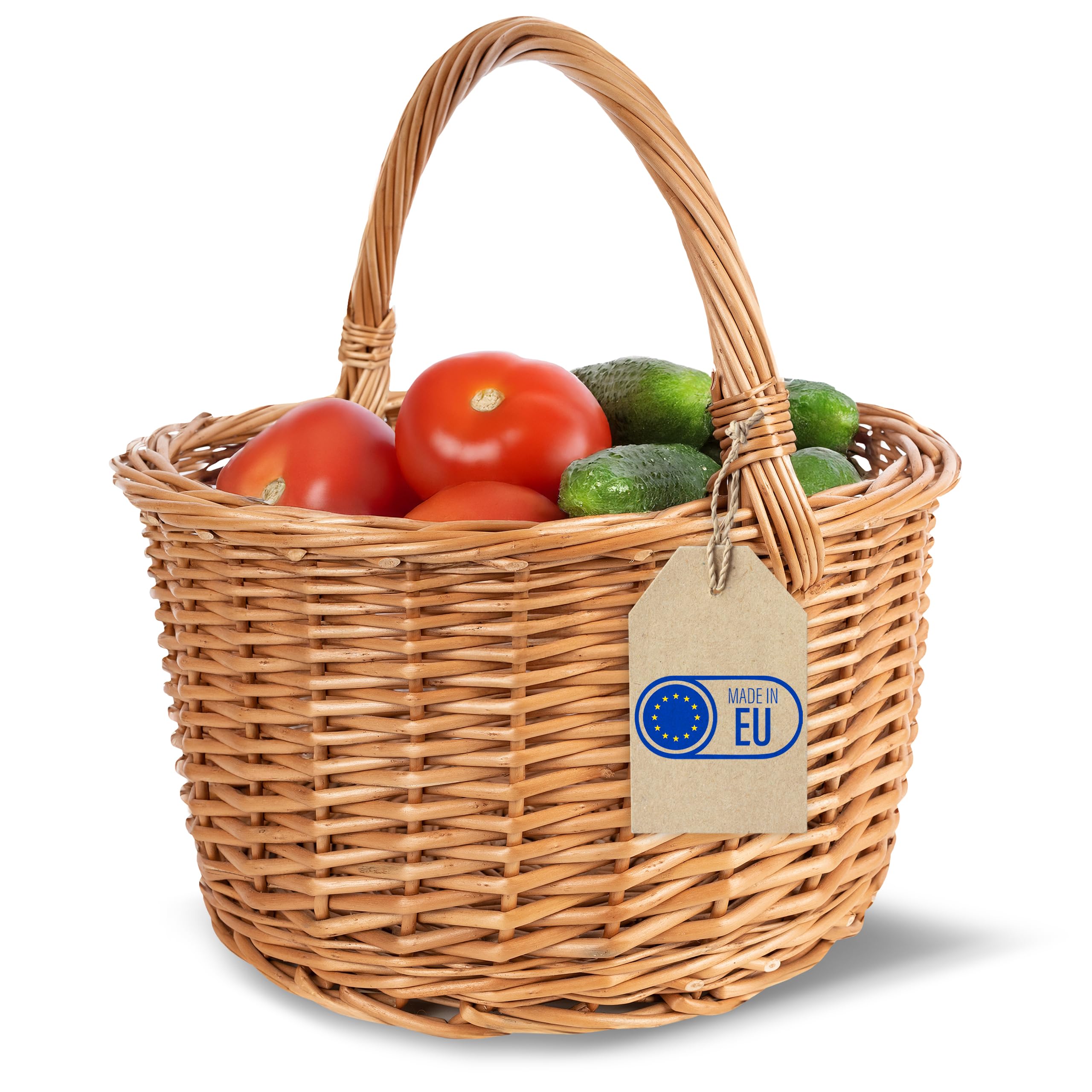 Creative Home Cesta de Mimbre con Asa | Color Marrón Natural 35x35x36cm | (+/-2cm) | Grande y Ligera | Tejida a Mano | Cesta de Regalo, Picnic, Fruta Almacenaje Decoración | Práctica y Duradera
