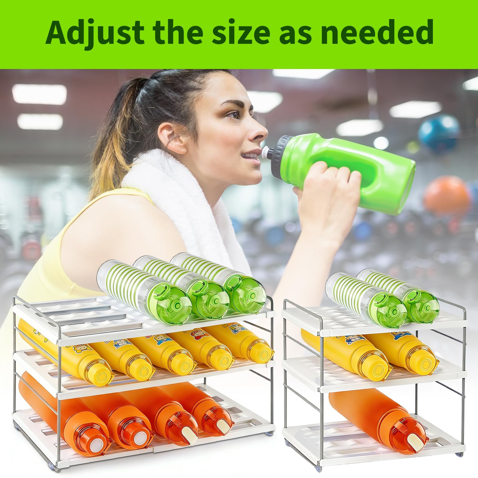 Raxfekro Organizador de botellas extensible para frigorífico, armario y cocina, con compartimentos ajustables para botellas de agua, termos y bebidas (26,5 – 42 cm) — view 7